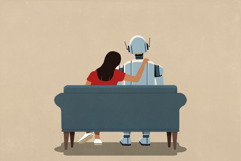 Affectionate woman with arm around AI robot on sofa - stock illustration