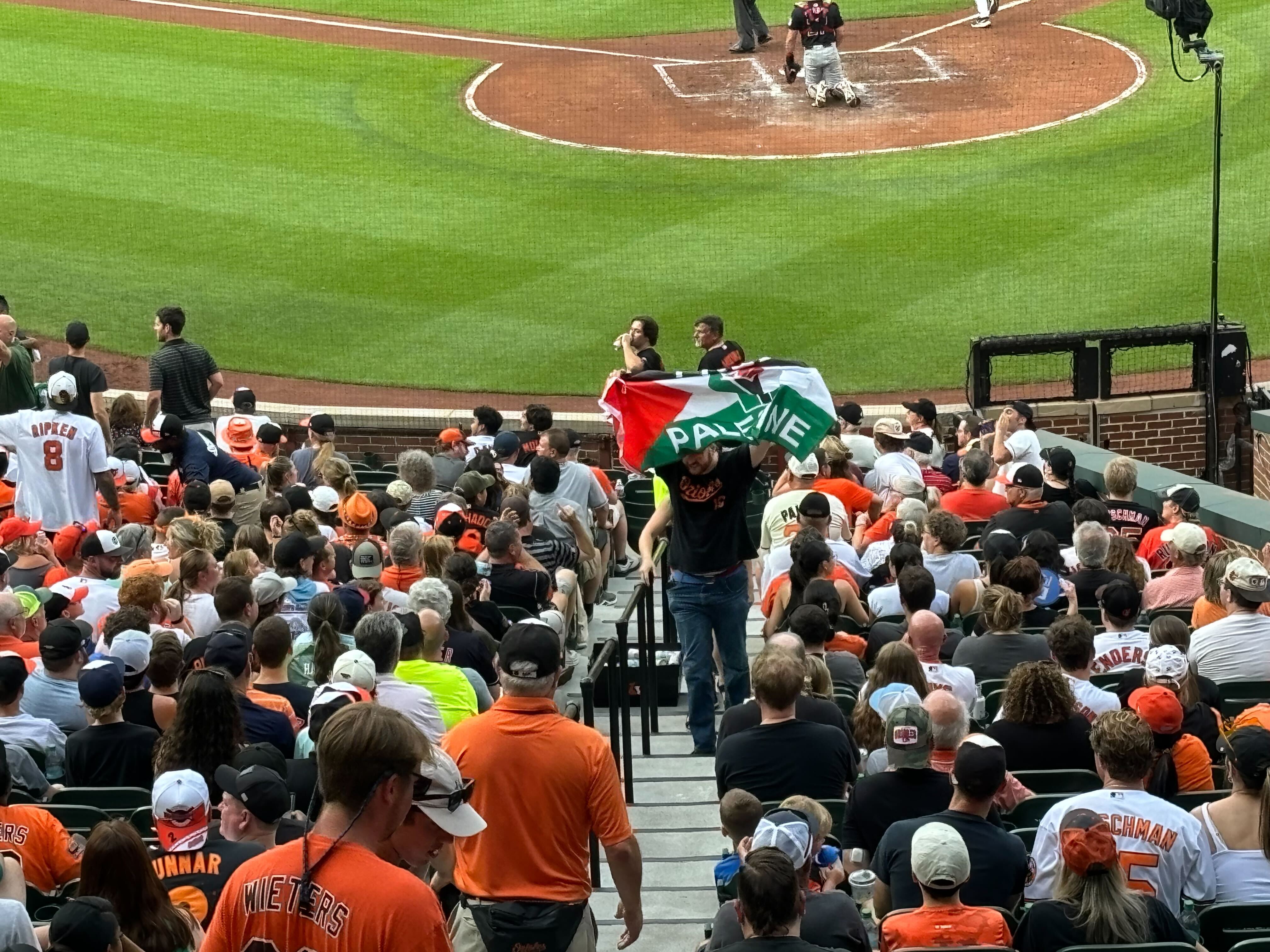 Security at Camden Yards escorted four fans with Palestinian flags out of the lower bowl of Wednesday's Orioles game. Fan guidelines note that "Banners will be confiscated in which content is commercial, political, and/or in bad taste according to the Orioles' discretion."