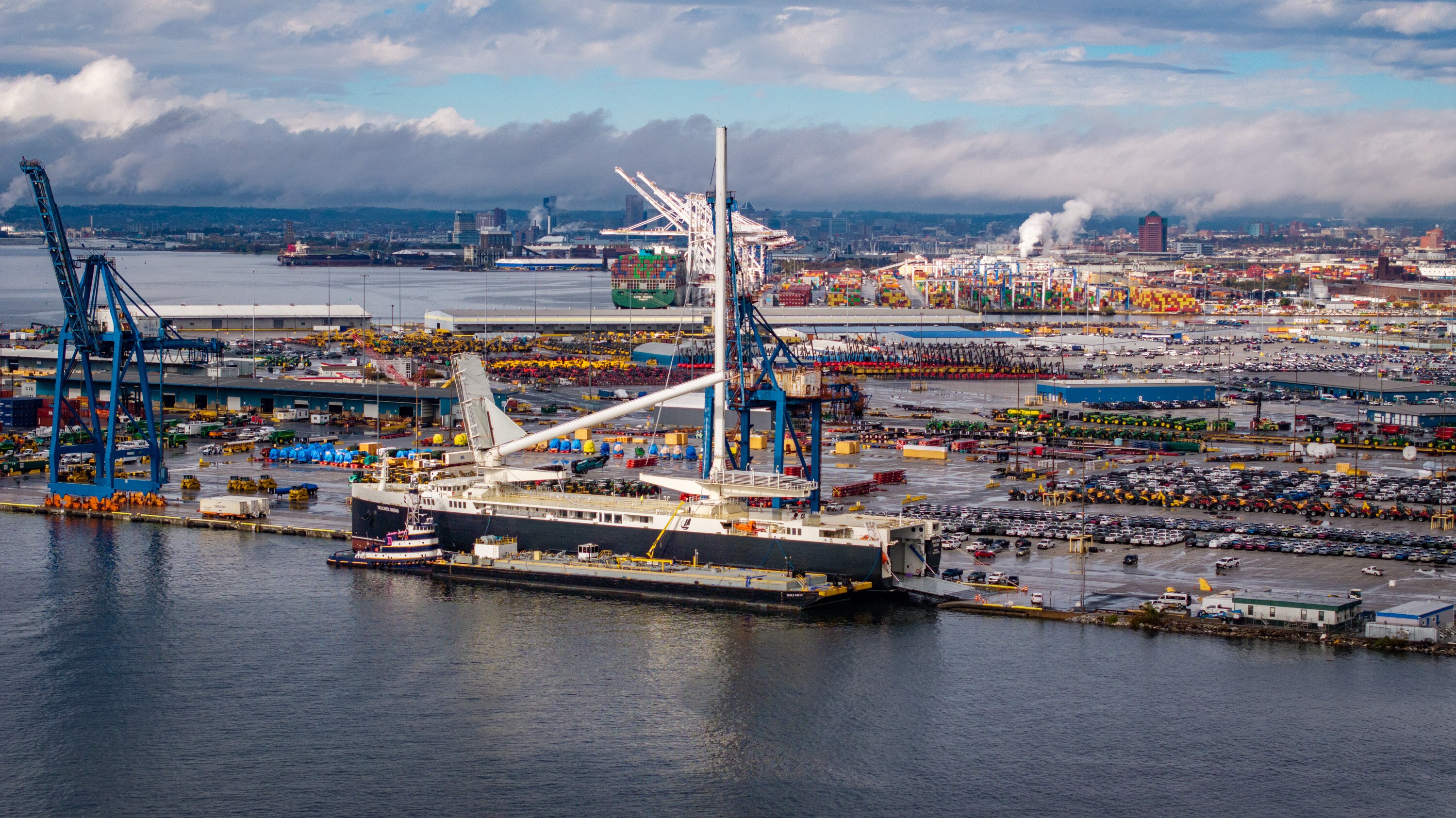 The Neoliner Origin, the first large wind-powered vessel to visit the Port of Baltimore, is seen docked at the Seagirt Marine Terminal after arriving before dawn on Thursday.