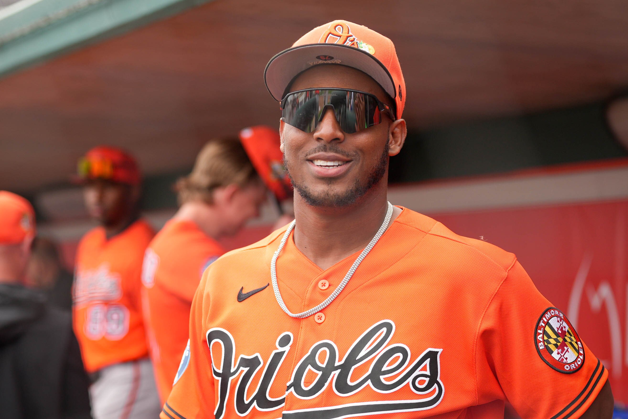 Baltimore Orioles second baseman Aron Estrada watches from the dugout in the first inning of a spring training game against the Detroit Tigers at Publix Field at Joker Marchant Stadium in Lakeland, Florida.