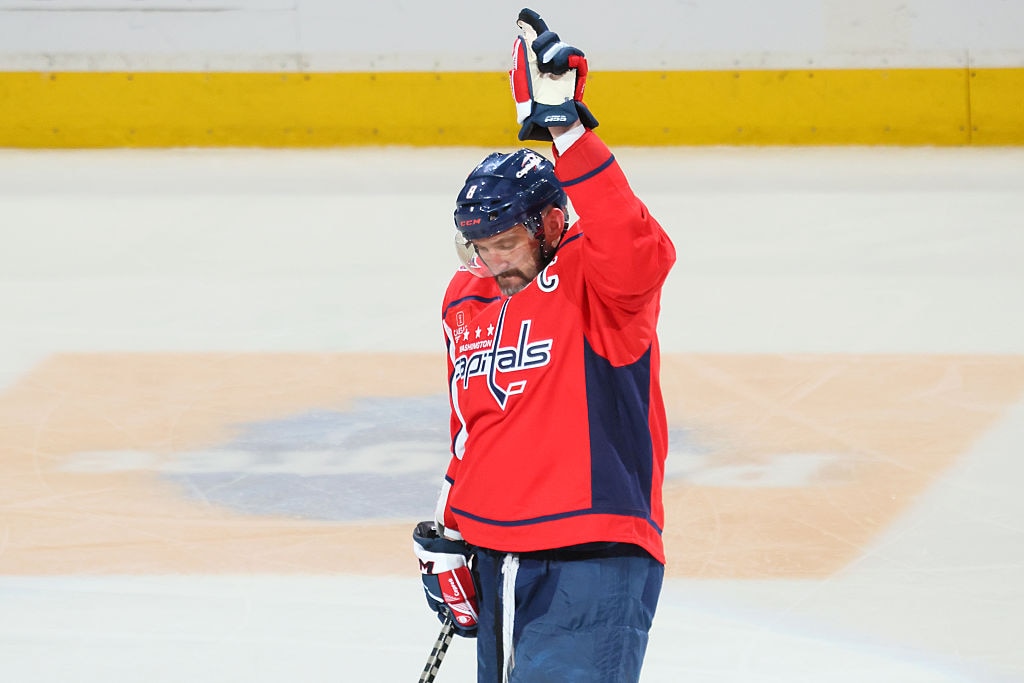 Alex Ovechkin #8 of the Washington Capitals reacts after scoring his 894th career goal in the third period against the Chicago Blackhawks.