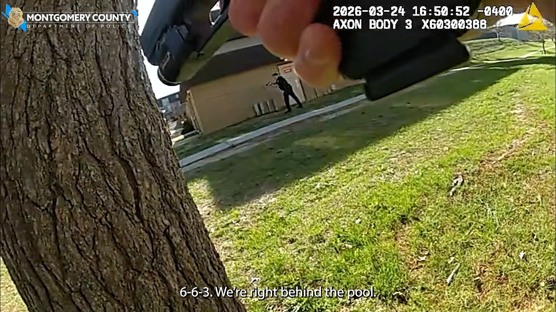 Montgomery County Police on Tuesday released body-camera footage showing an officer returning fire and wounding a fleeing suspect in Montgomery Village earlier in March.