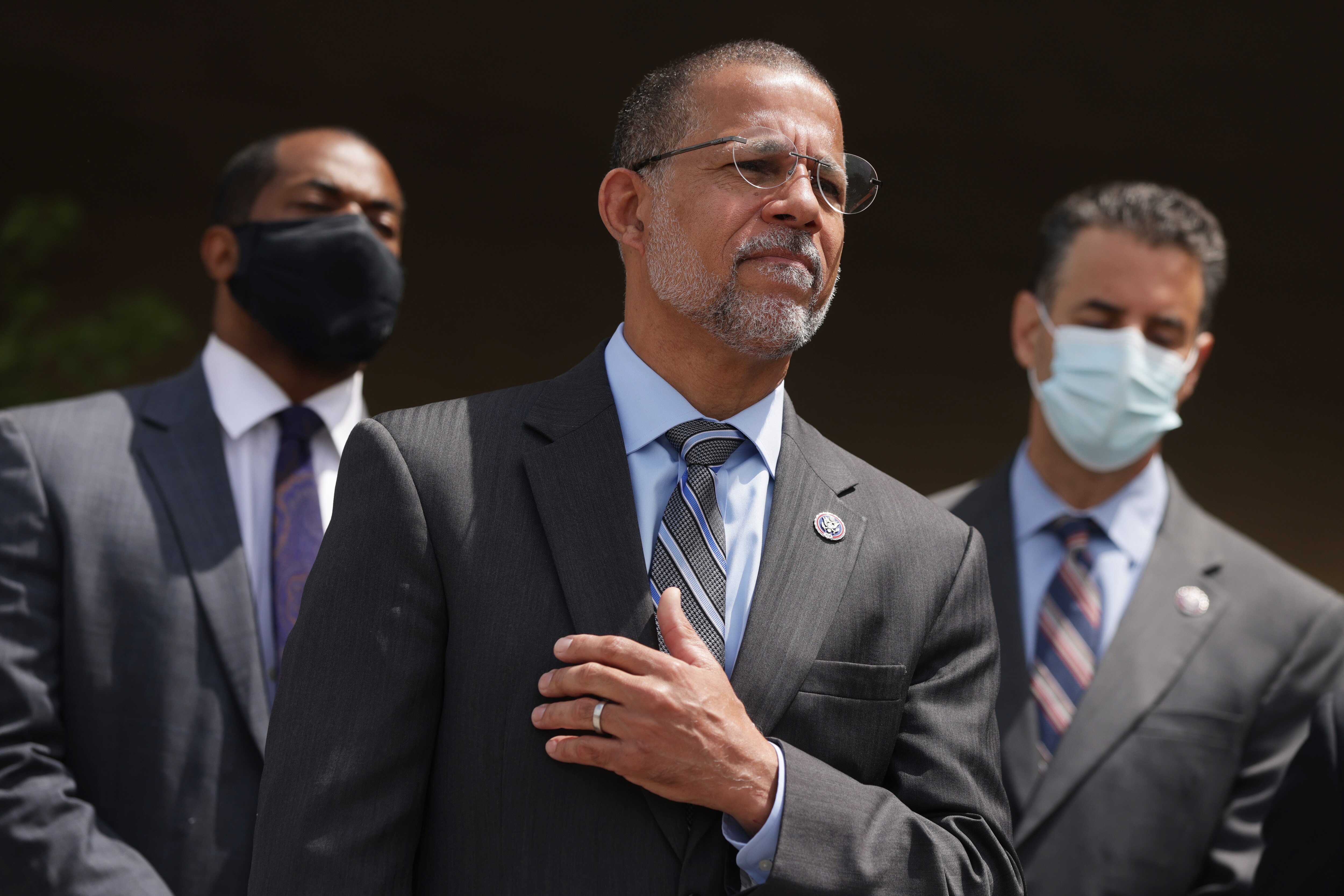 U.S. Rep. Anthony Brown (D-MD) (C) listens during a news conference on May 17, 2021 in Baltimore, Maryland. Members of the Maryland Congressional Delegation held a news conference to discuss the "Reconnecting Communities Act," legislation to "reconnect and revitalize areas that were harmed by the construction of the Interstate Highway System" and "reform the long history of inequity in infrastructure."
