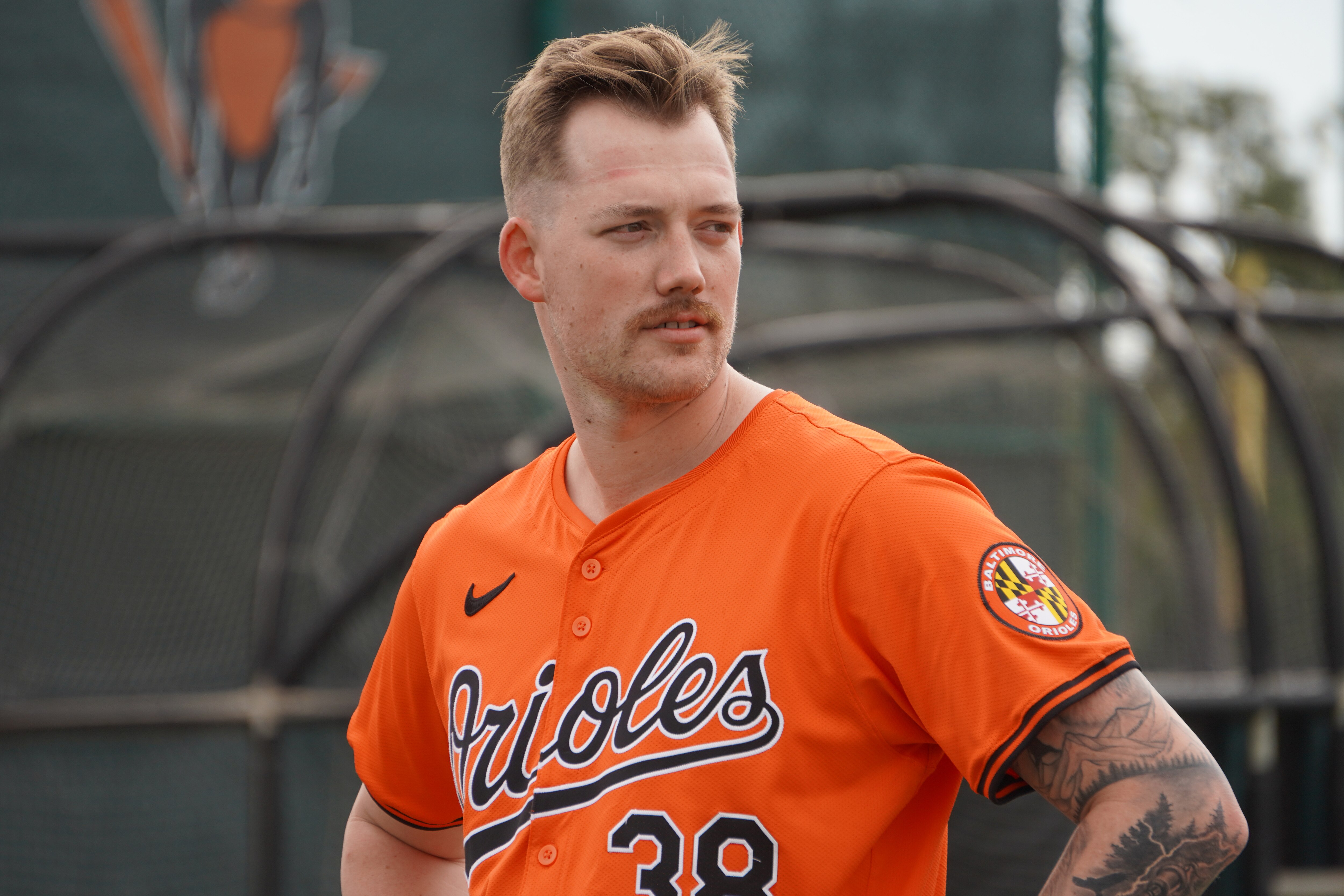 Orioles starting pitcher Kyle Bradish looks on at Spring Training in Sarasota.