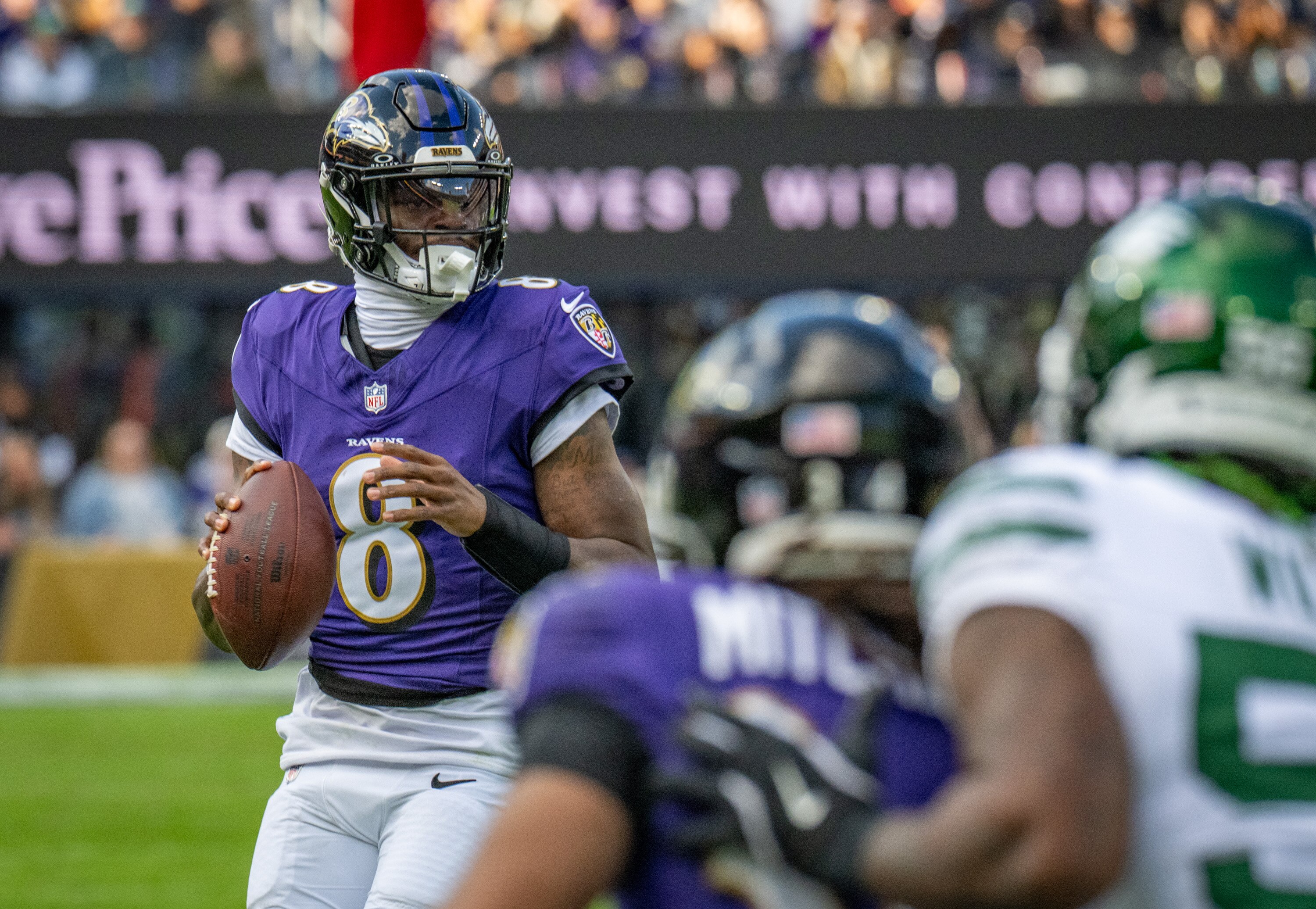 Ravens quarterback Lamar Jackson completed 13 of 23 passes for 153 yards against the Jets.
