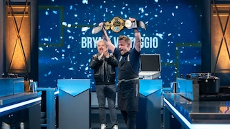 Host Guy Fieri and contestant Bryan Voltaggio reacts as he is announced the Tournament of Champions, Season 7 winner, as seen on Tournament of Champions, Season 7.