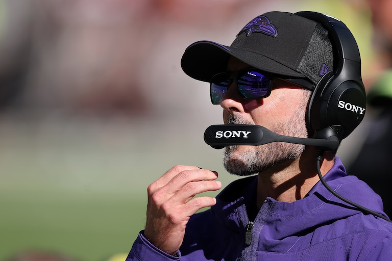 CLEVELAND, OHIO - OCTOBER 18: Head coach Jesse Minter of the Baltimore Ravens looks on against the Cleveland Browns during the second quarter of the game at Huntington Bank Field on October 18, 2026 in Cleveland, Ohio. (Photo by Gregory Shamus/Getty Images)