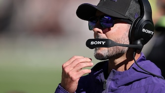 CLEVELAND, OHIO - OCTOBER 18: Head coach Jesse Minter of the Baltimore Ravens looks on against the Cleveland Browns during the second quarter of the game at Huntington Bank Field on October 18, 2026 in Cleveland, Ohio. (Photo by Gregory Shamus/Getty Images)