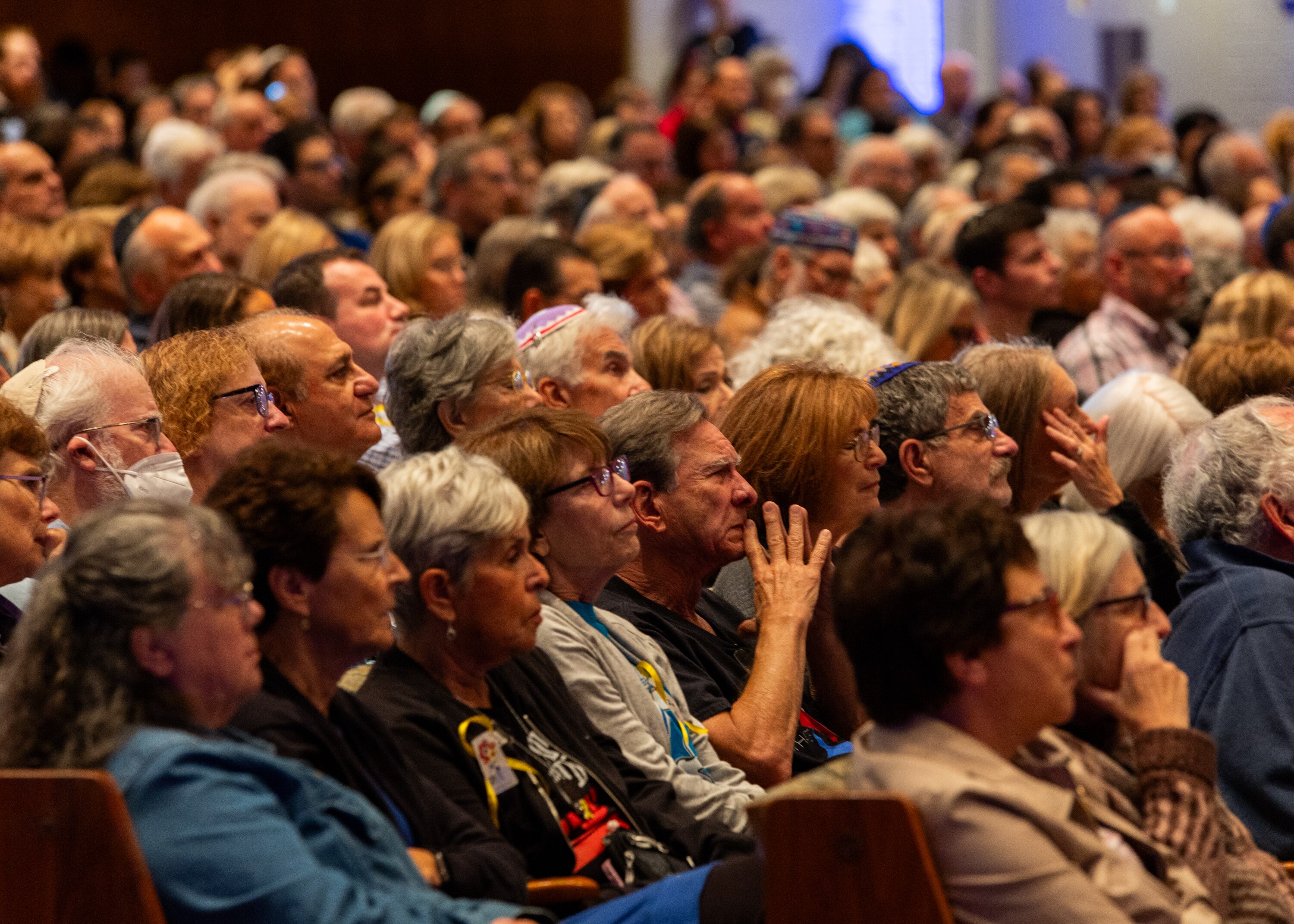 Attendees of the October 7 Baltimore Community Commemoration event get emotional during a speech about Israeli hostages at the Beth El Congregation in Pikesville, Md., on Oct. 7, 2024.