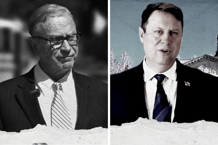 Still images from a pair of video ads from incumbent Gov. Wes Moore’s campaign against Republican candidates Ed Hale, left, and Dan Cox are running on Fox News and Facebook.