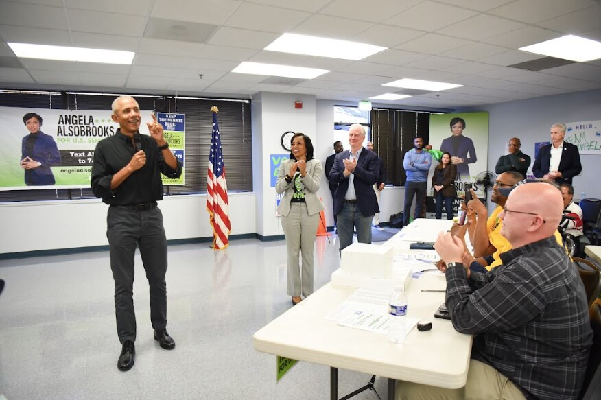 Former President Barack Obama paid a surprise visit to a campaign office in Maryland on Thursday. He was accompanied by Senate candidate Angela Alsobrooks and U.S. Sen. Chris Van Hollen.