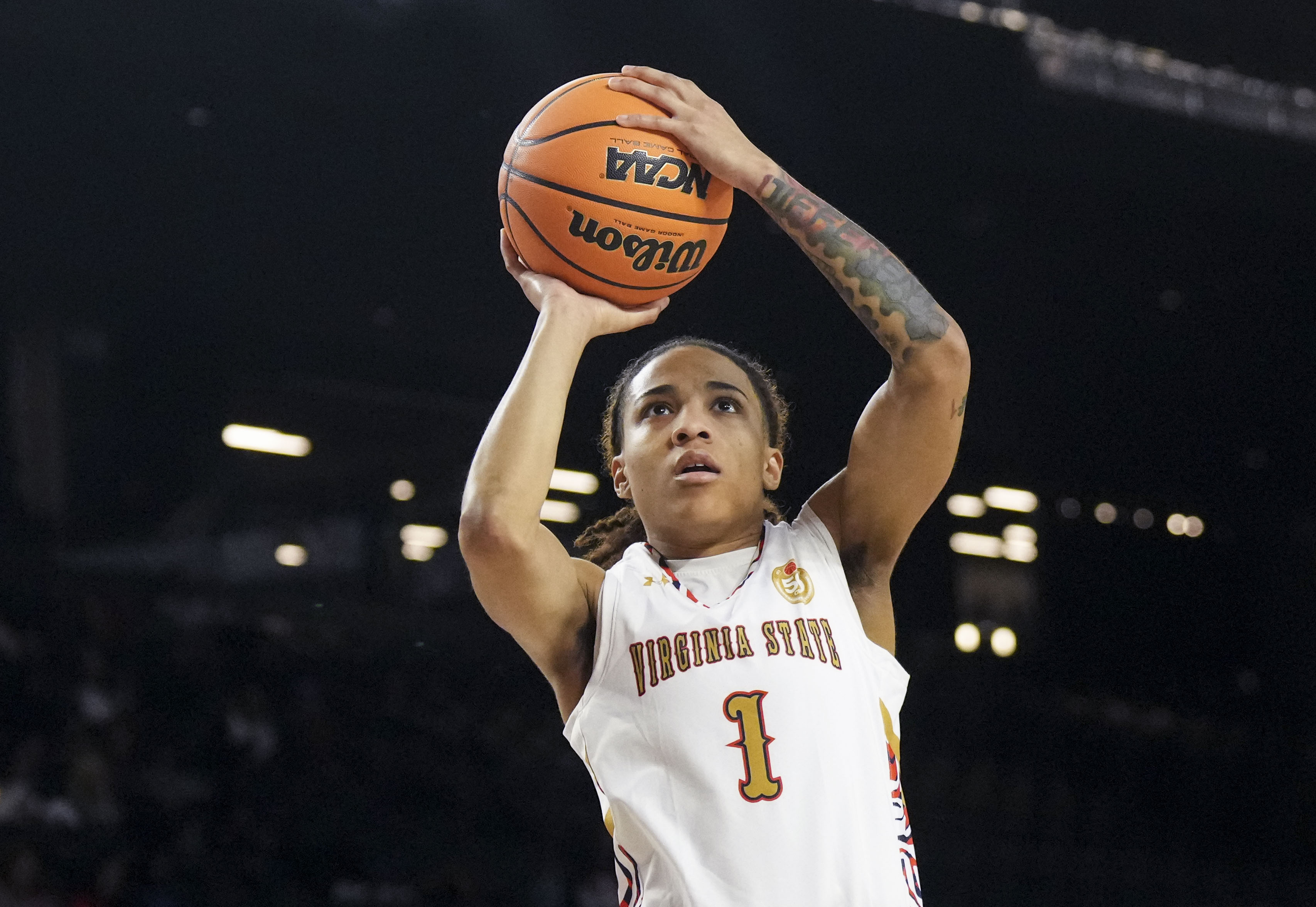 Virginia State’s Anii Harris pops up for a shot against Lincoln University during the CIAA Tournament.