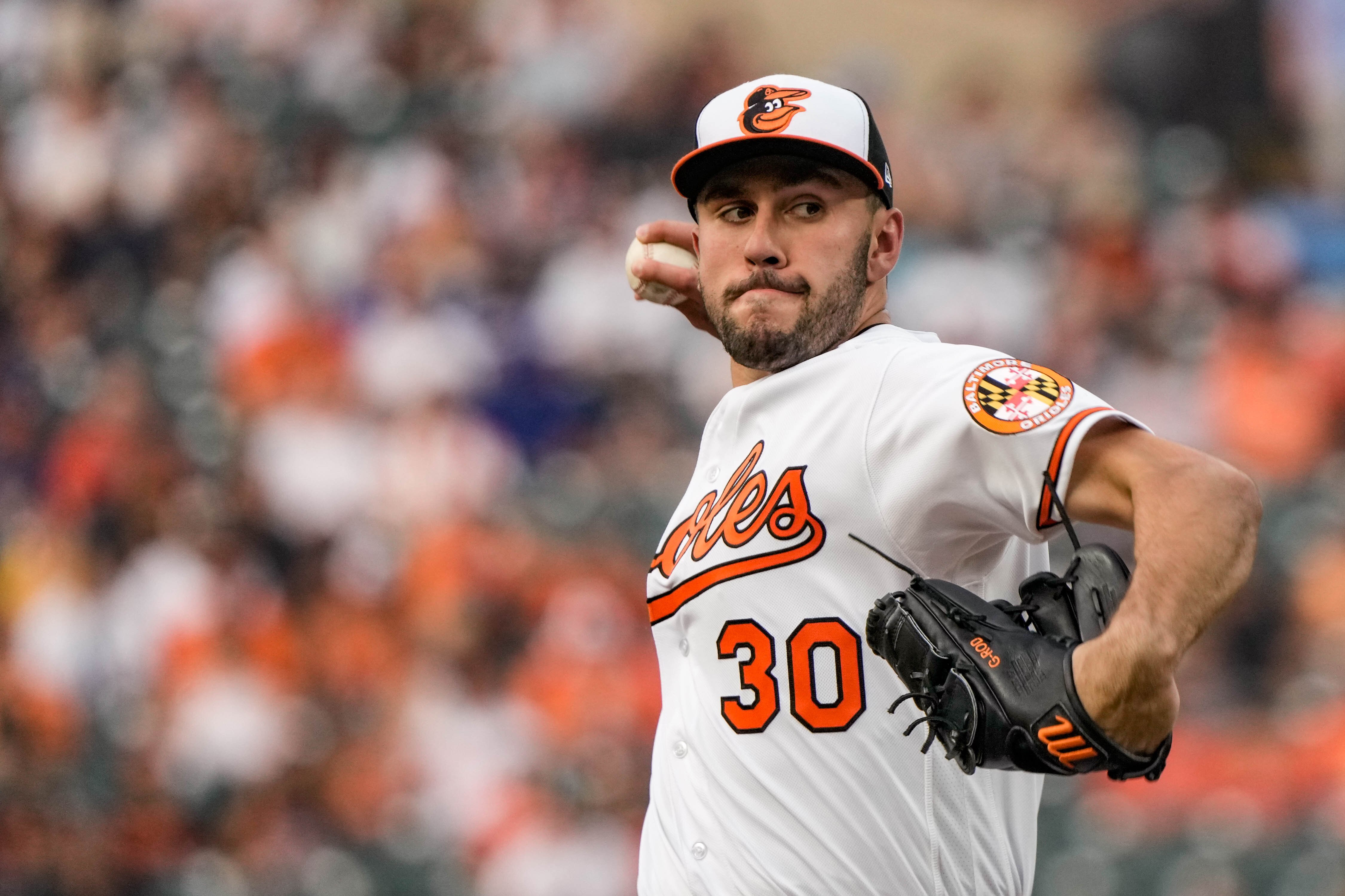 Orioles pitcher Grayson Rodriguez pitches during the first game of the series against the Dodgers on July 17, 2023, at Camden Yards.