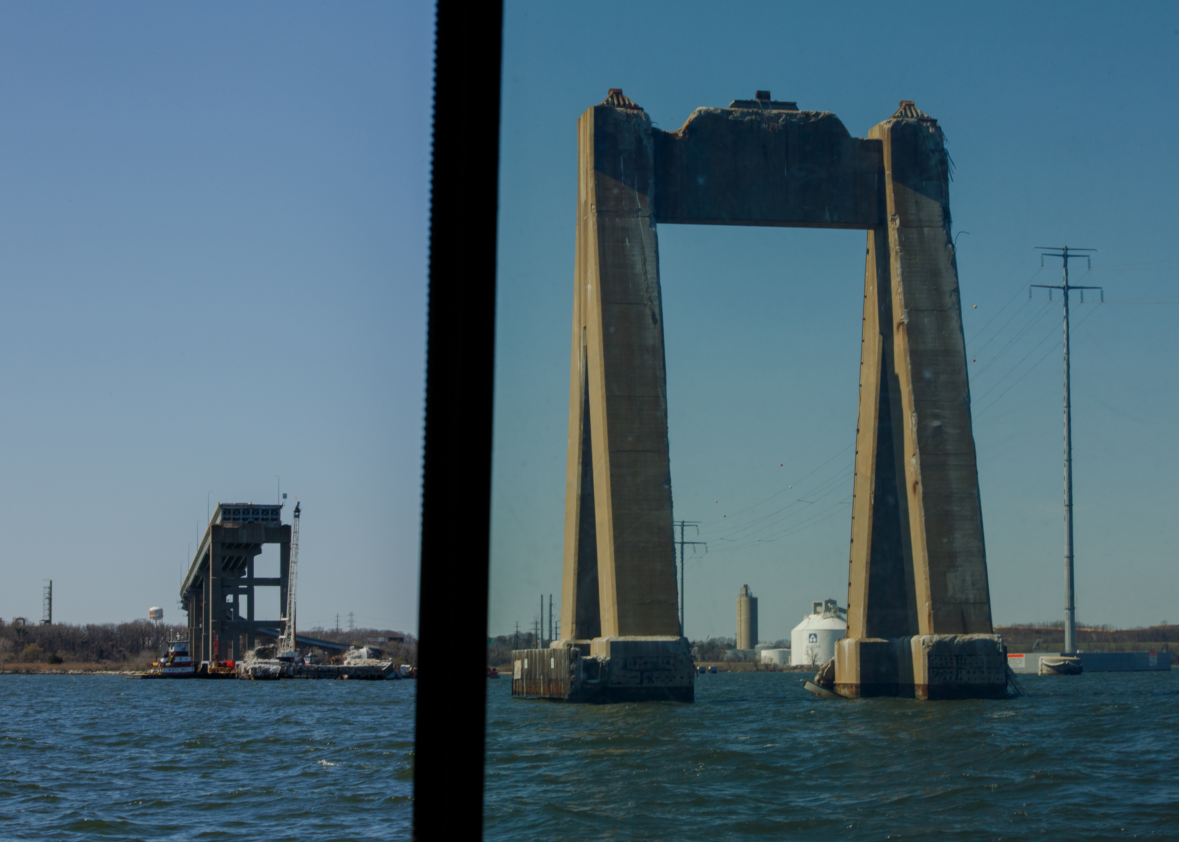 Remnants of the Francis Scott Key Bridge in March 2025. The last remaining portions will be demolished beginning in July.