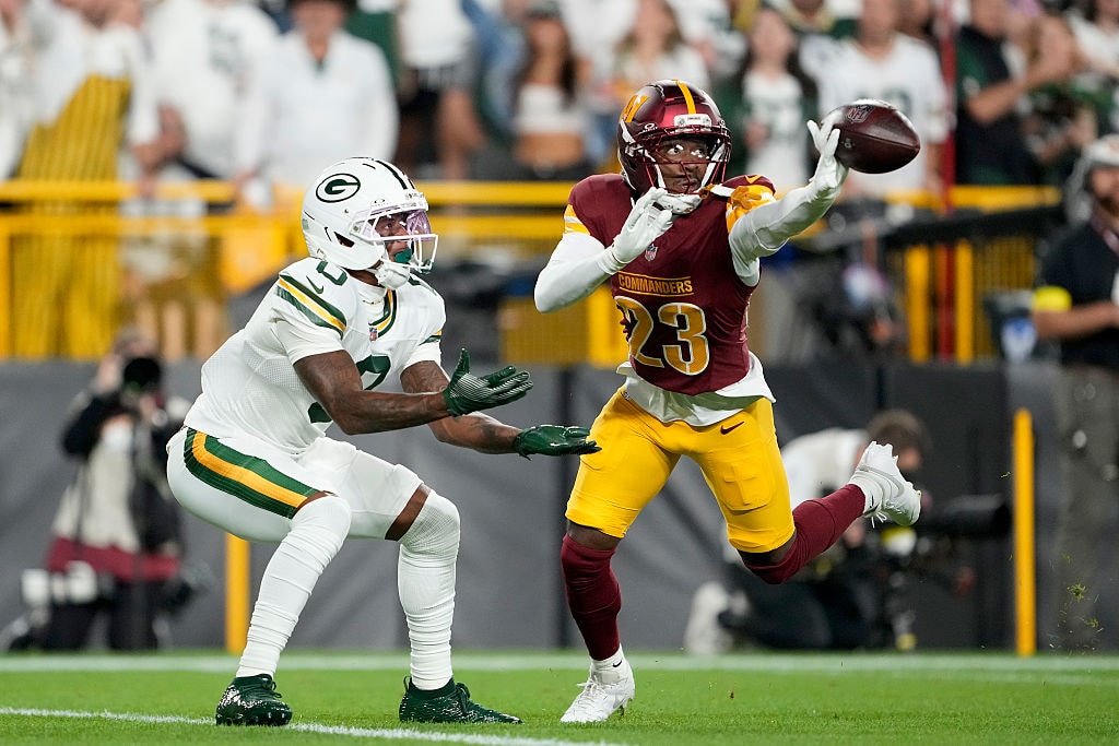 Washington Commanders cornerback Trey Amos breaks up a pass intended for Green Bay Packers wide receiver Matthew Golden in Week 2 of the 2025 season.