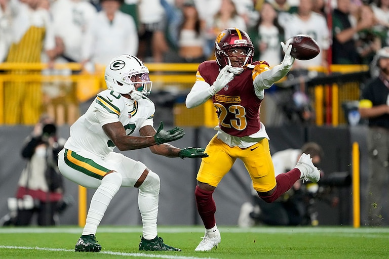 Washington Commanders cornerback Trey Amos breaks up a pass intended for Green Bay Packers wide receiver Matthew Golden in Week 2 of the 2025 season.