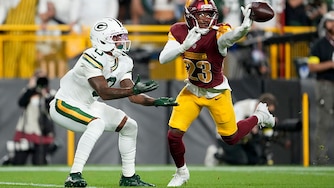 Washington Commanders cornerback Trey Amos breaks up a pass intended for Green Bay Packers wide receiver Matthew Golden in Week 2 of the 2025 season.