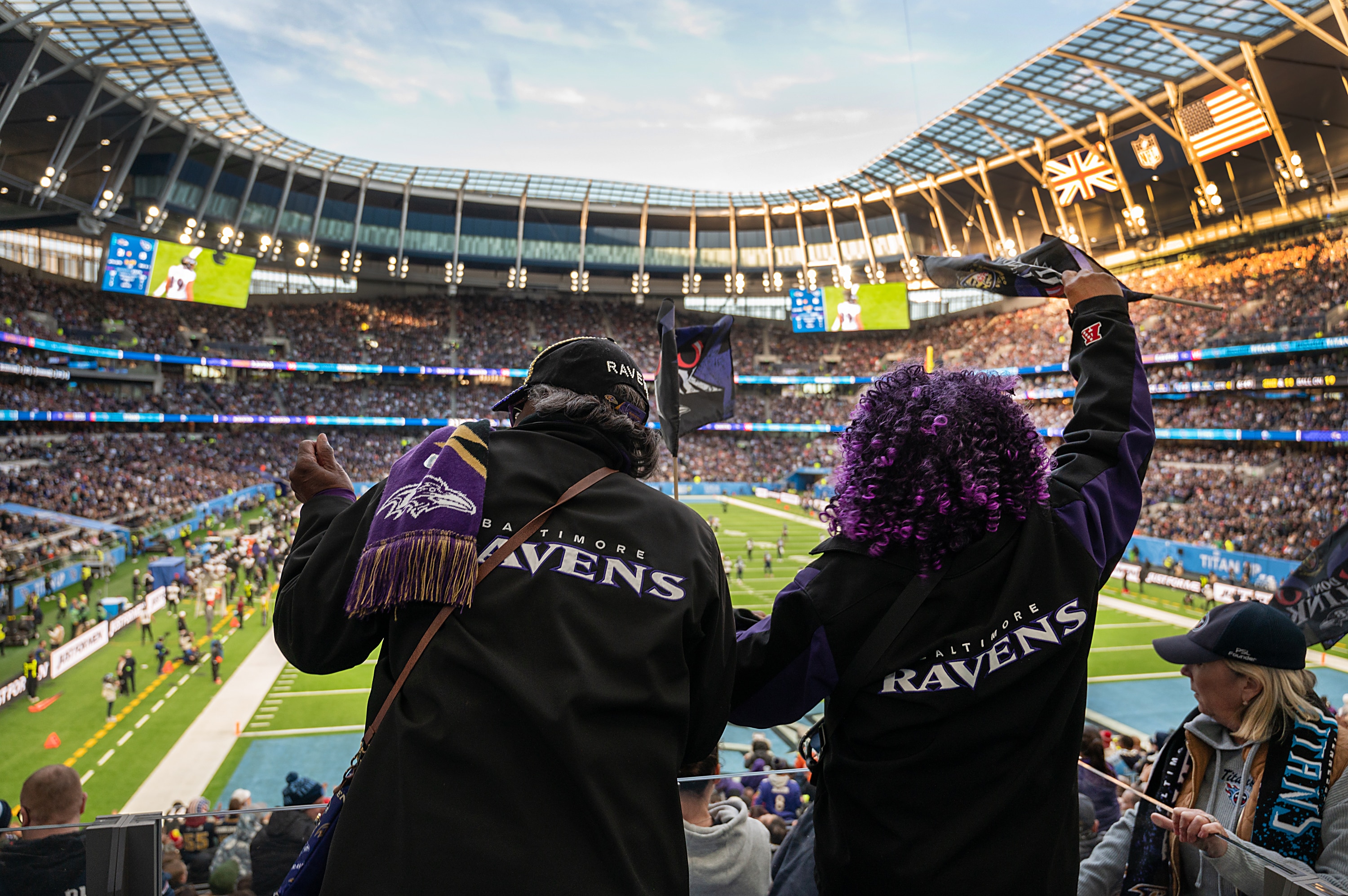 Fans who traveled from Baltimore and elsewhere cheer in Tottenham Hotspur Stadium during the final quarter of the Ravens-Tennessee Titans game Sunday.