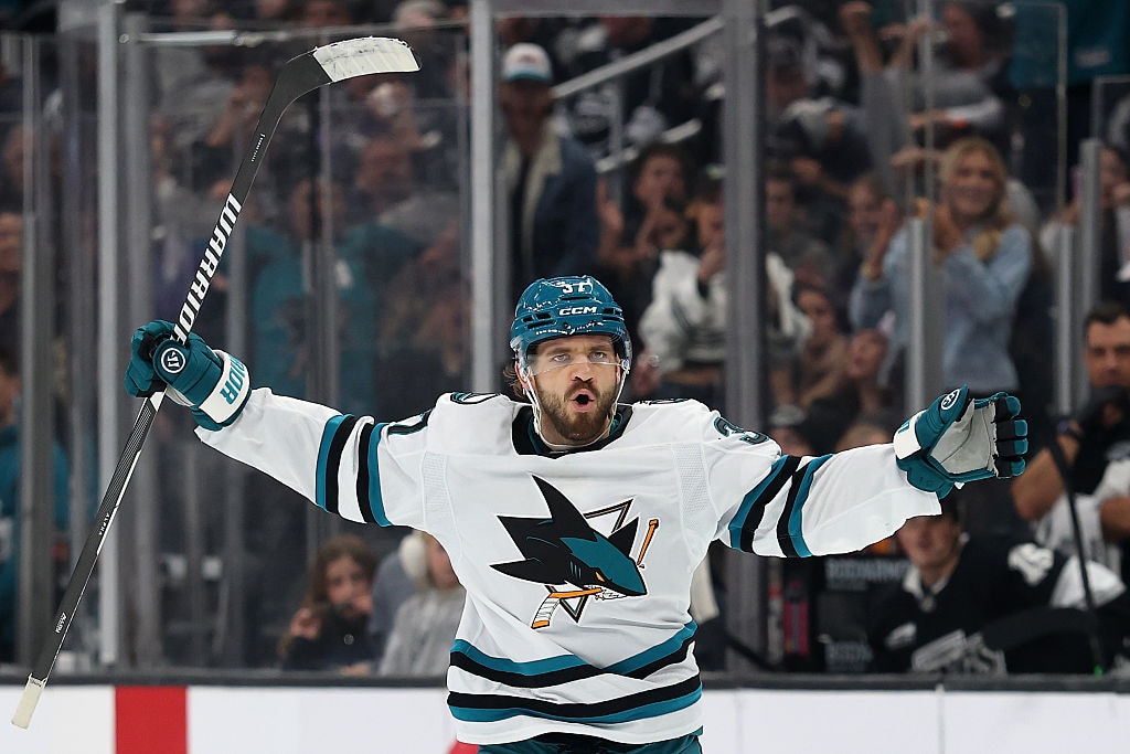 San Jose Sharks sefenseman Timothy Liljegren reacts against the Los Angeles Kings on Jan. 7.