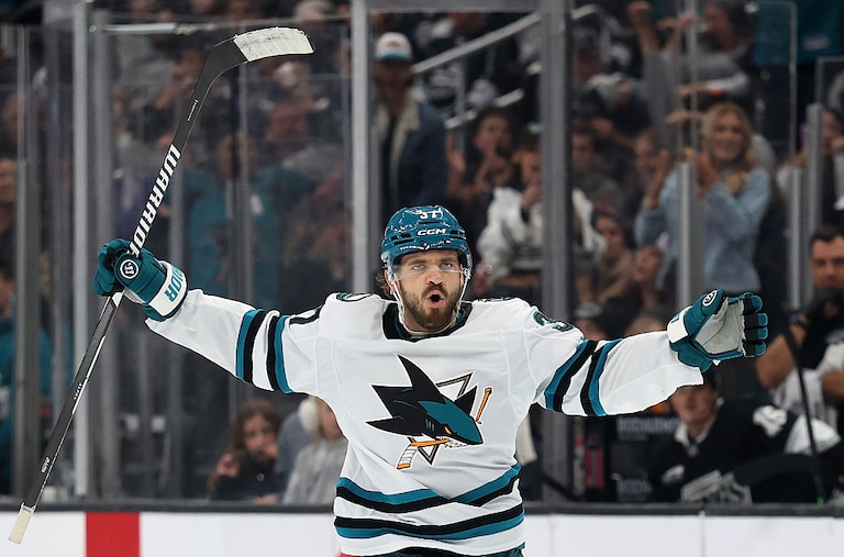 San Jose Sharks sefenseman Timothy Liljegren reacts against the Los Angeles Kings on Jan. 7.