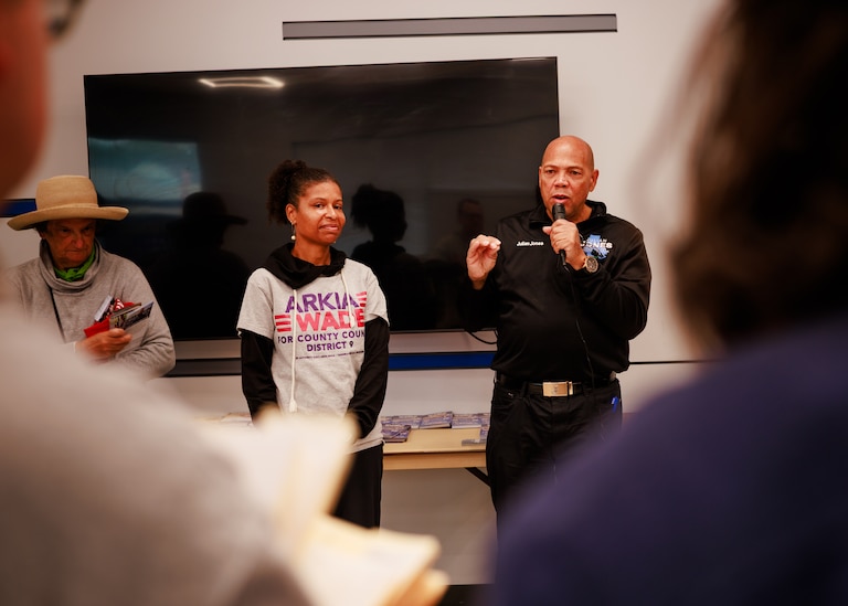 Saturday, October 17, 2026 — Baltimore County Council District 9 candidate Arkia Wade and Baltimore County Executive elect Julian Jones speak to volunteers at the Rosedale Recreation Activity Center in Rosedale, MD.