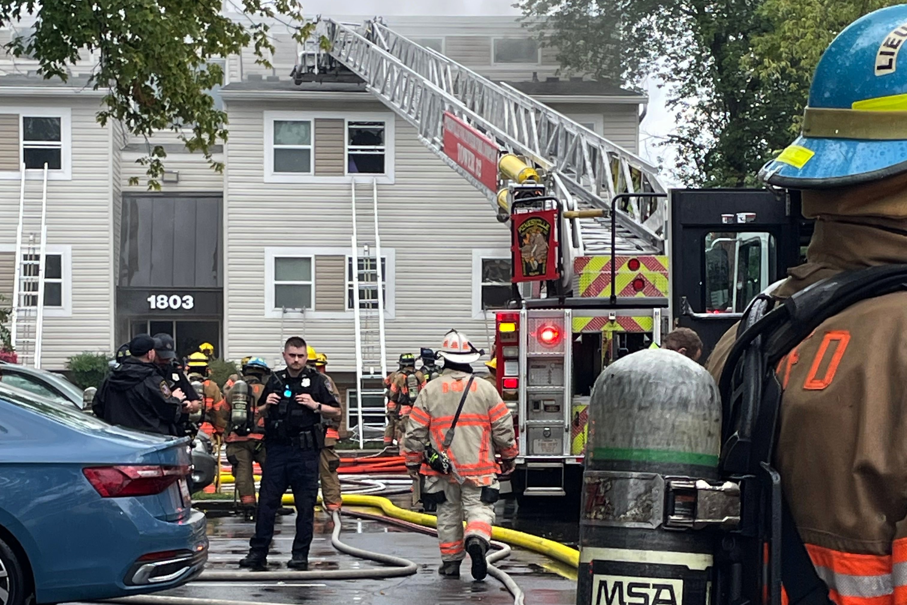 The Baltimore County Fire Department responds to a 2-alarm apartment fire on the 1800 block of Rambling Ridge Lane in Pikesville on Thursday, August 14, 2025.