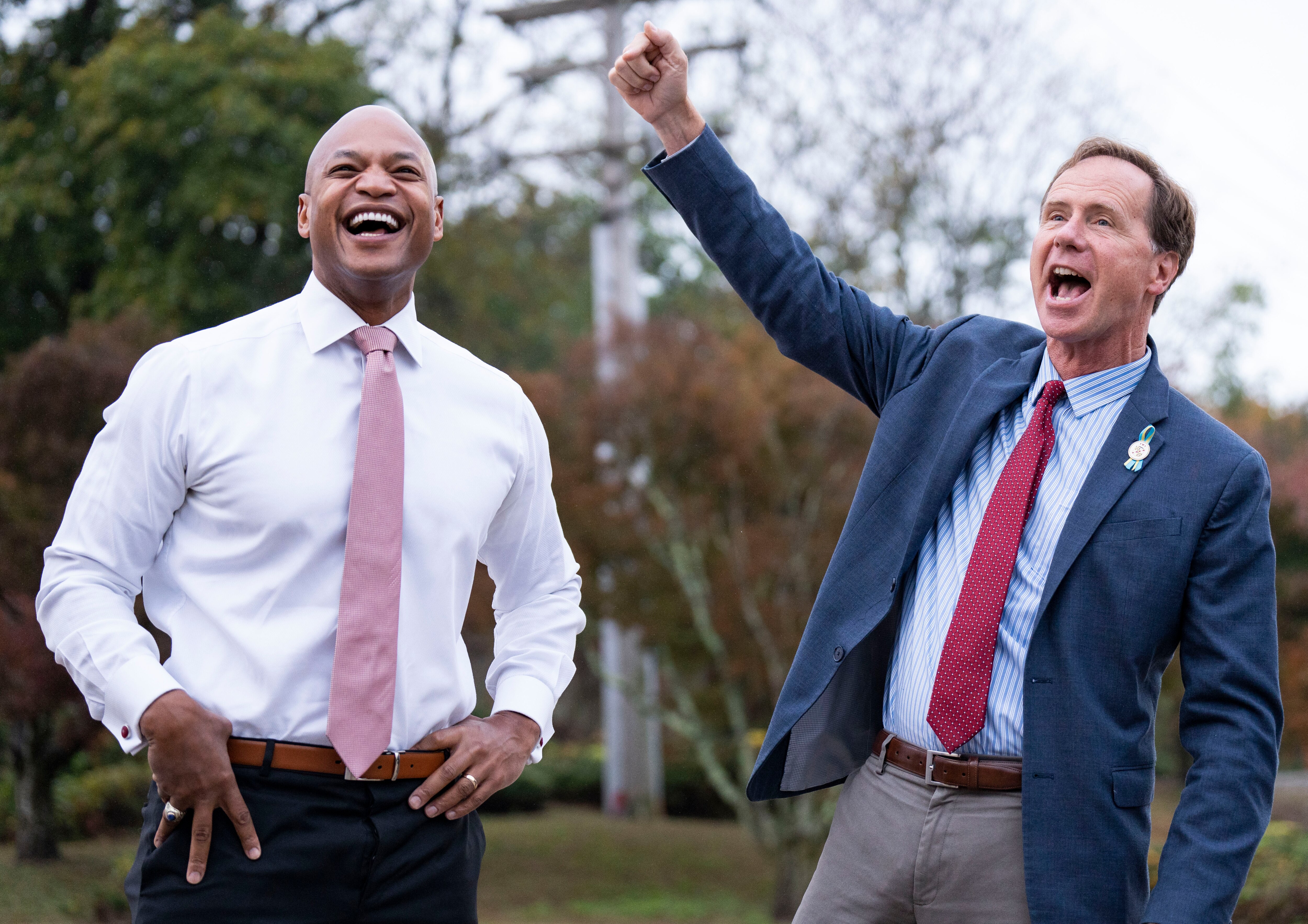 Wes Moore, the Democratic candidate for Maryland governor and Democratic candidate Steuart Pittman makes a visit to the Odenton MARC station, Wednesday, October 26, 2022.