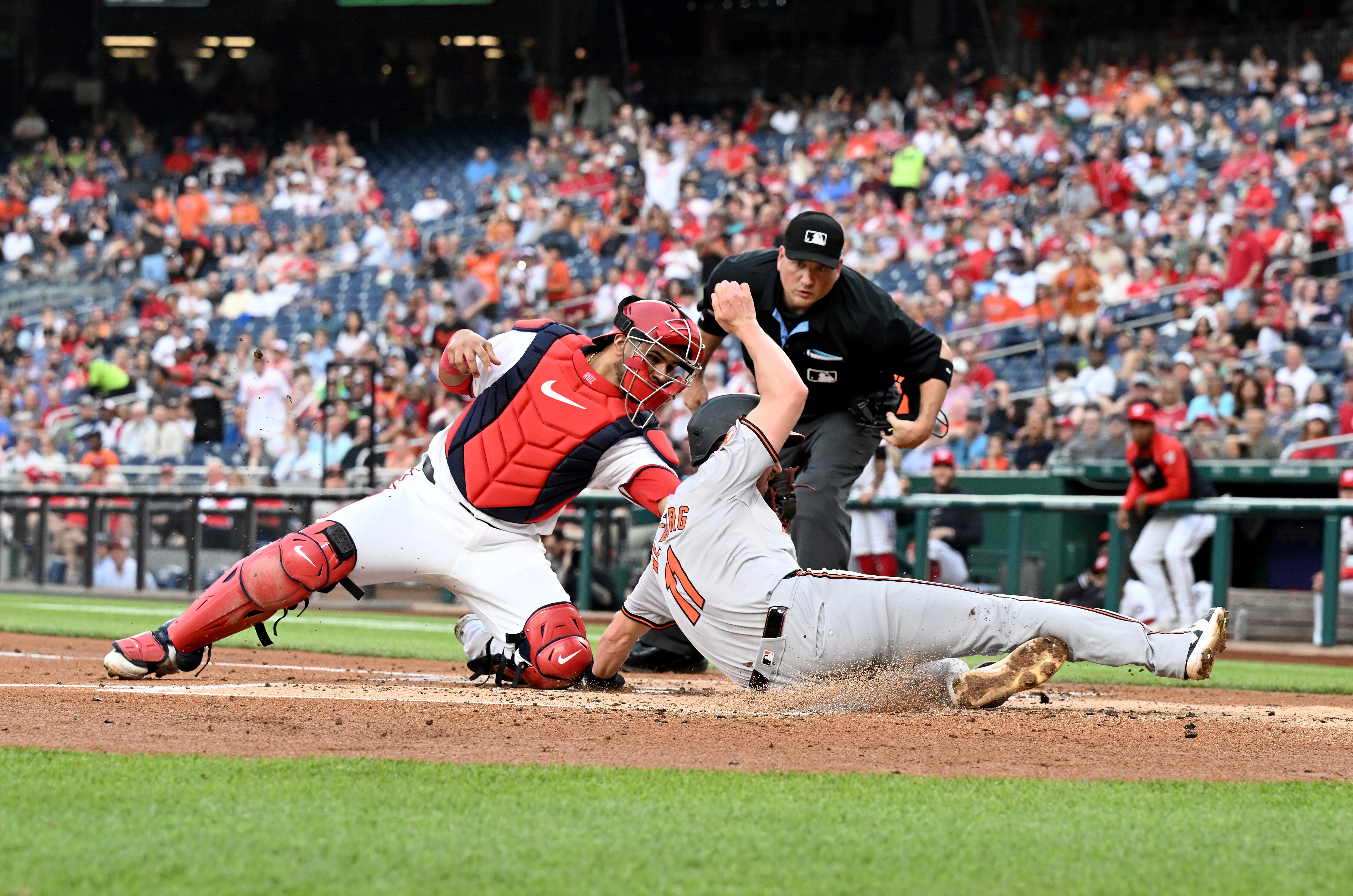 Nationals catcher Keibert Ruiz tags out Orioles third baseman Jordan Westburg in the second inning.