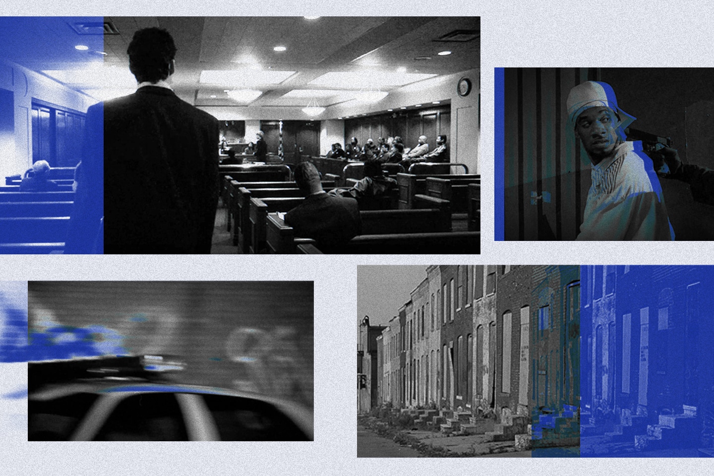 Scenes from “The Wire,” including Chris Clanton, upper right, as Savino Bratton. (Alex Bandoni/ProPublica. Source Images: Screenshots courtesy of HBO/“The Wire”)