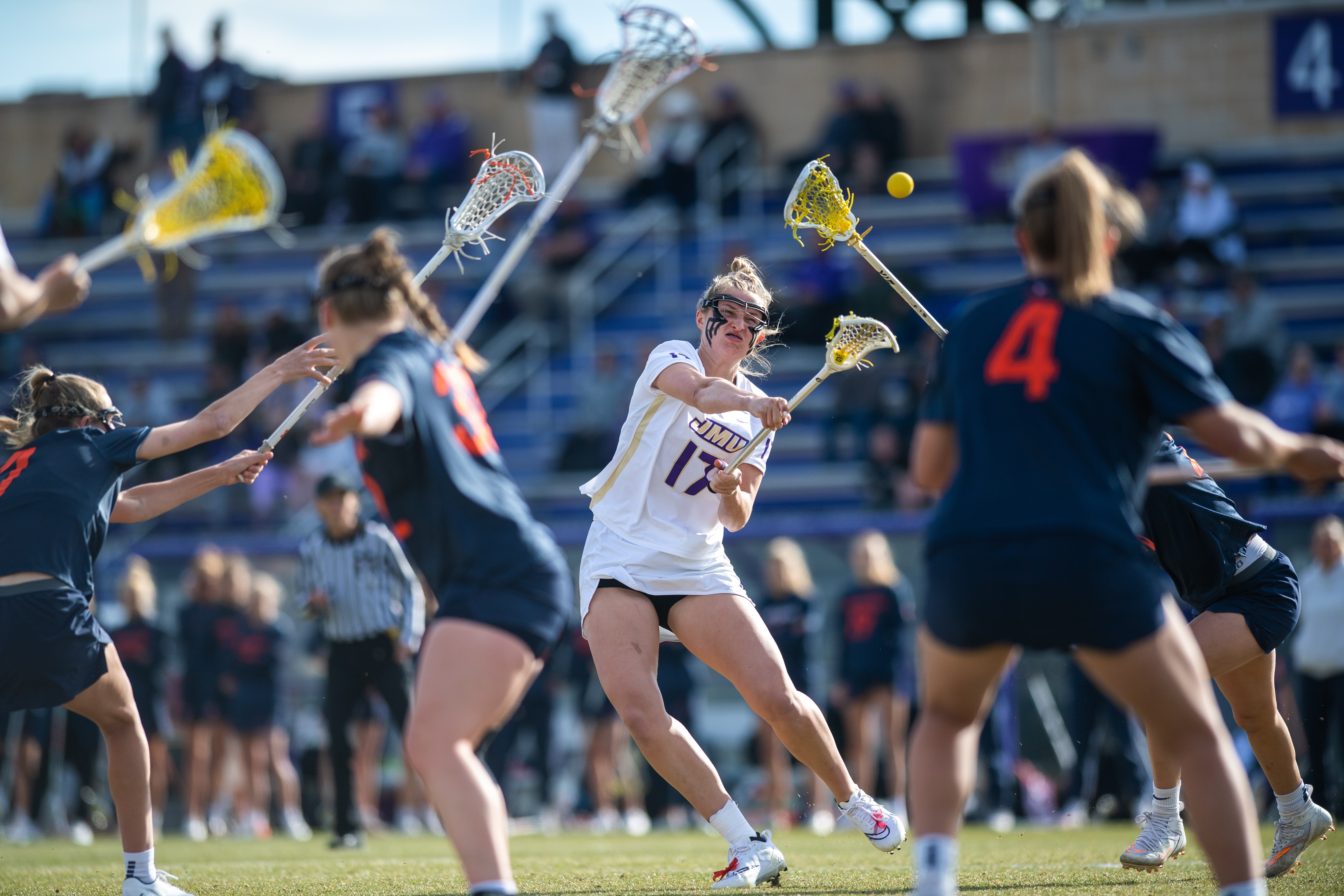 Isabella Peterson, a Hereford grad now playing at James Madison, unleashes a shot against Virginia.