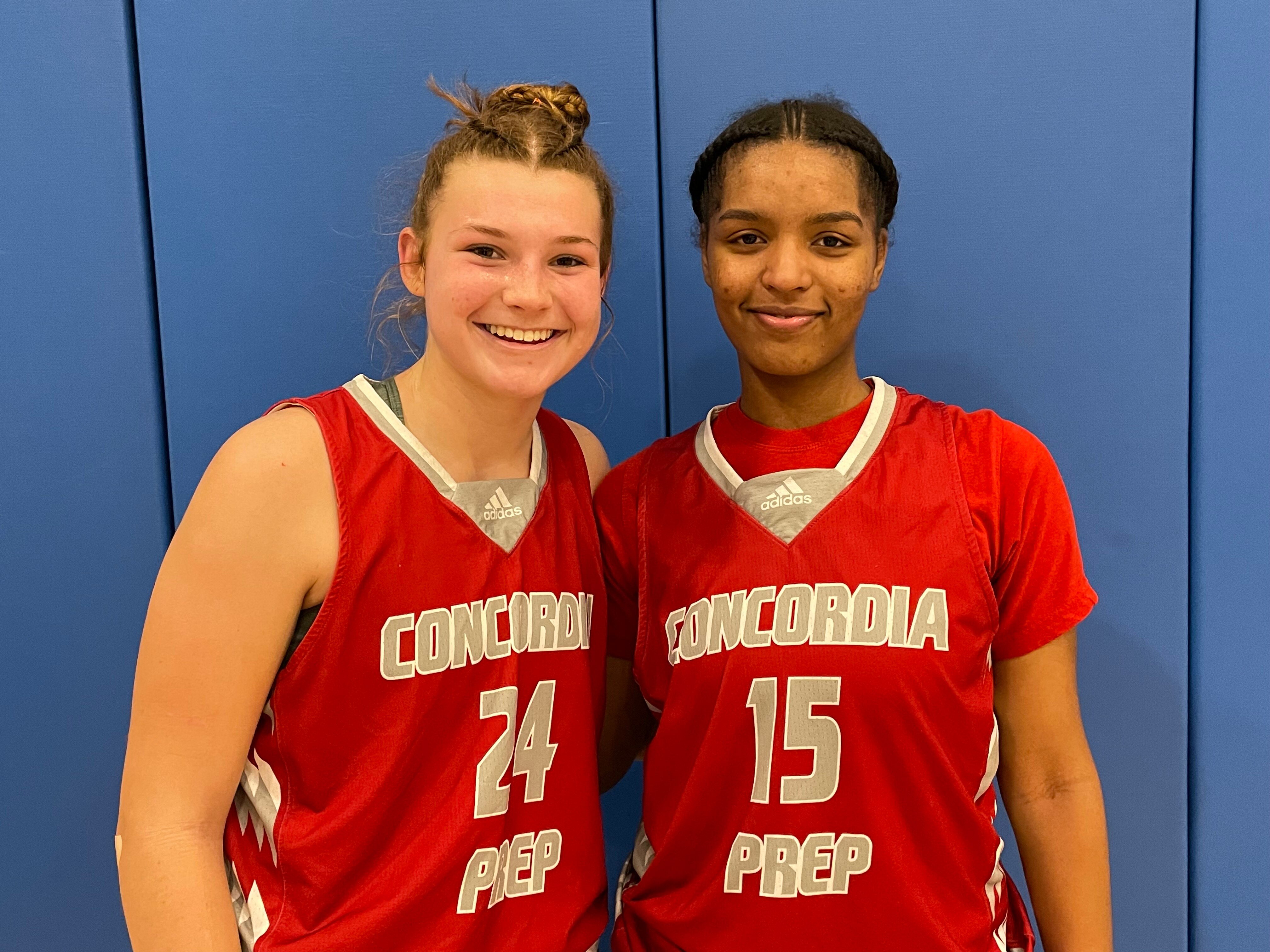 Seniors Hailee Ford (24) and Cori Barnes (15) combined for 25 points and 24 rebounds to lead Concordia Prep past Notre Dame Prep, 46-40, in an IAAM B Conference quarterfinal Tuesday night. Ford hit a 3-pointer to give the fifth-seeded Saints the lead for good. Banres scored 10 of her 19 points in the final 5:16 as the Saints rallied from 12 points down early in the fourth quarter.