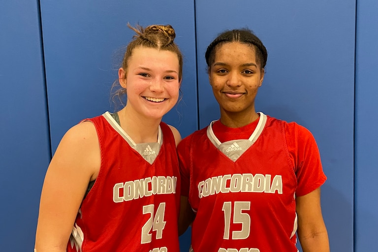 Seniors Hailee Ford (24) and Cori Barnes (15) combined for 25 points and 24 rebounds to lead Concordia Prep past Notre Dame Prep, 46-40, in an IAAM B Conference quarterfinal Tuesday night. Ford hit a 3-pointer to give the fifth-seeded Saints the lead for good. Banres scored 10 of her 19 points in the final 5:16 as the Saints rallied from 12 points down early in the fourth quarter.
