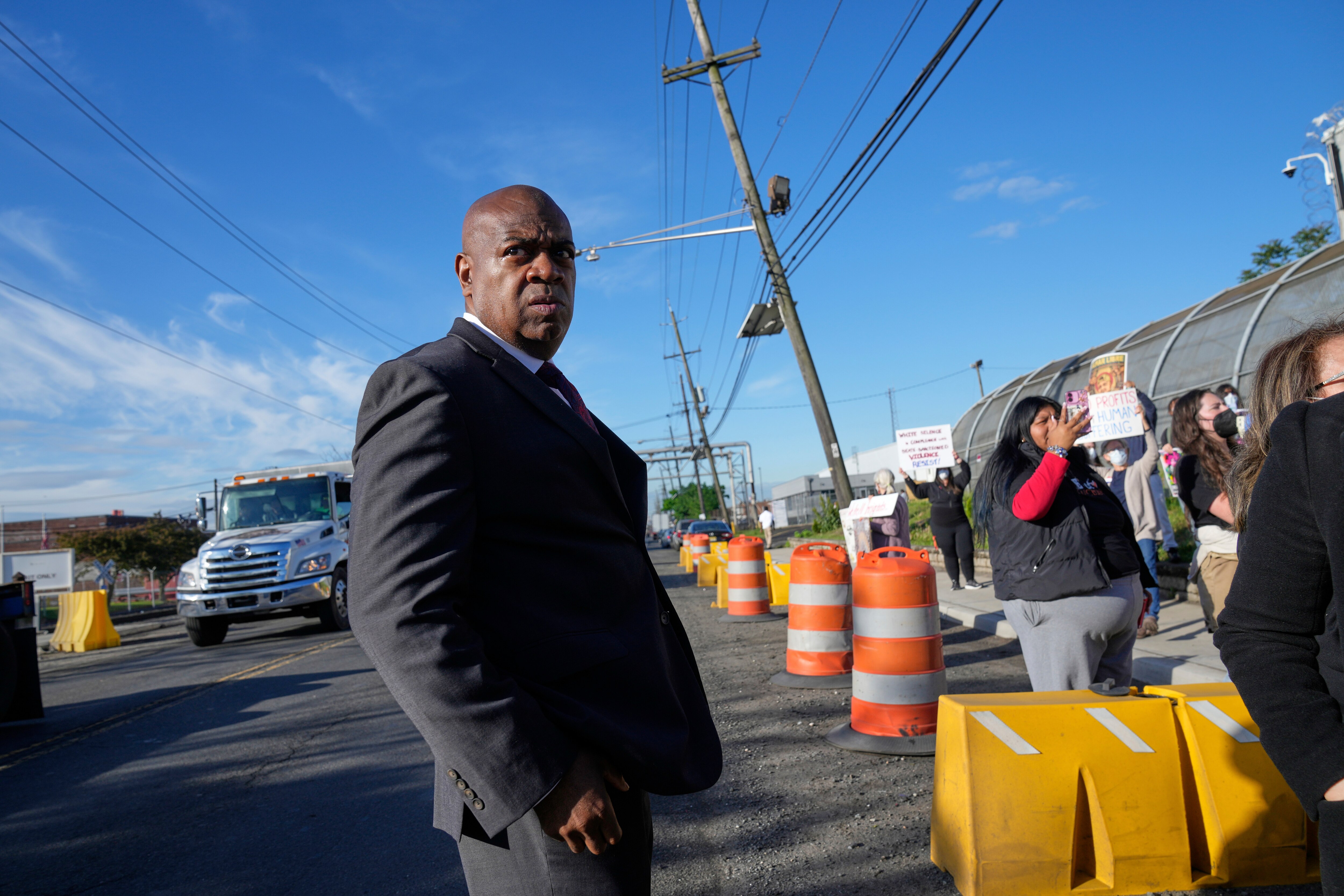 Newark Mayor Ras Baraka speaks to protesters outside of Delaney Hall, a recently re-opened immigration detention center, in Newark, N.J., Wednesday, May 7, 2025.
