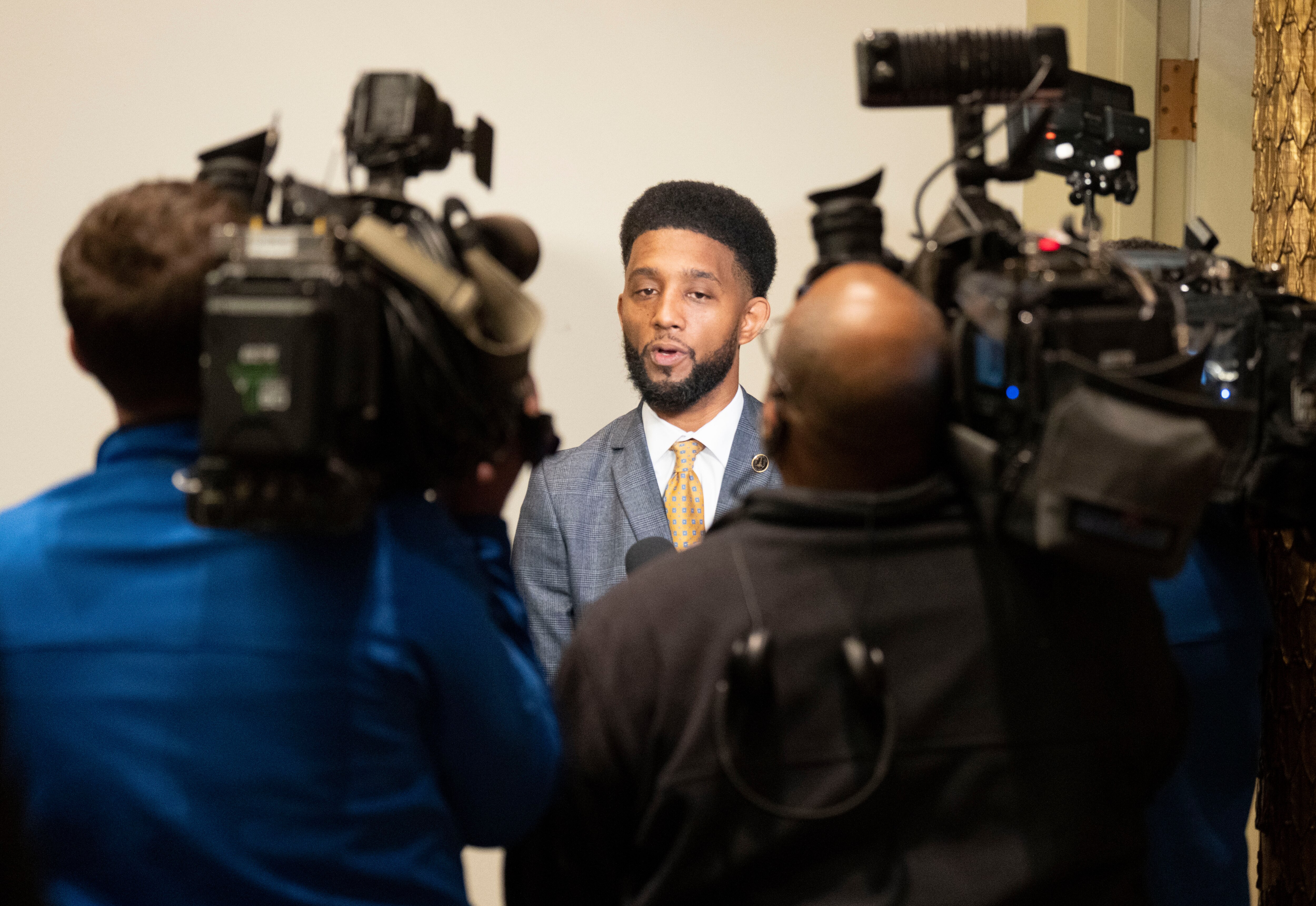 Mayor Brandon Scott speaks to media after the Board of Estimates meeting at City Hall in Baltimore, February 15, 2023.