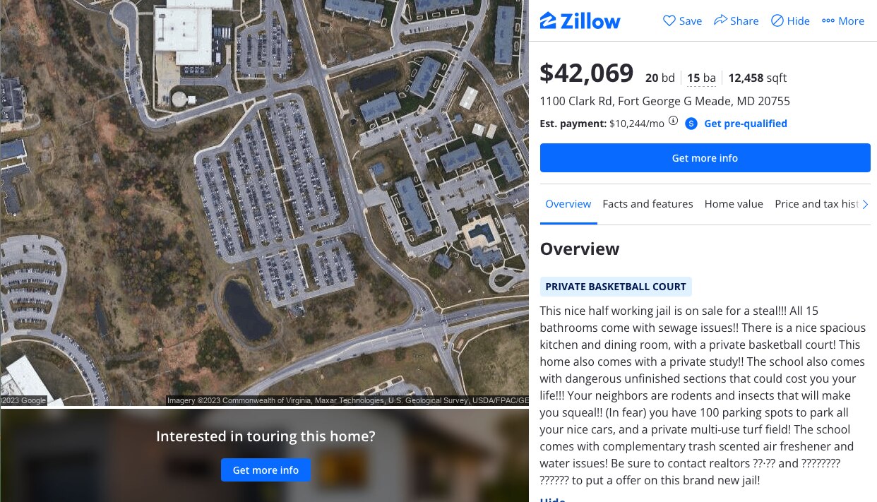 The prank Zillow listing of Meade High School in Anne Arundel County.