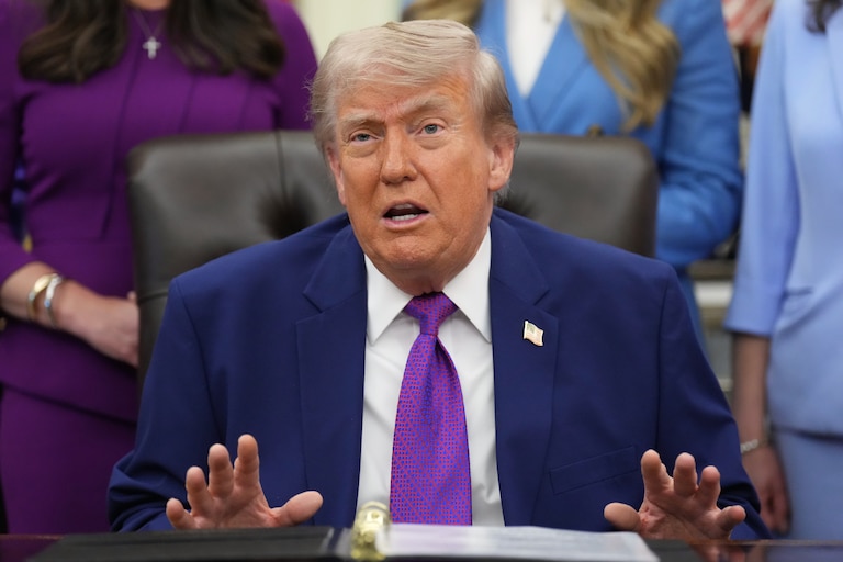 President Donald Trump speaks to reporters at an event about maternal healthcare, Monday, May 11, 2026, in the Oval Office of the White House, in Washington.