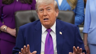 President Donald Trump speaks to reporters at an event about maternal healthcare, Monday, May 11, 2026, in the Oval Office of the White House, in Washington.