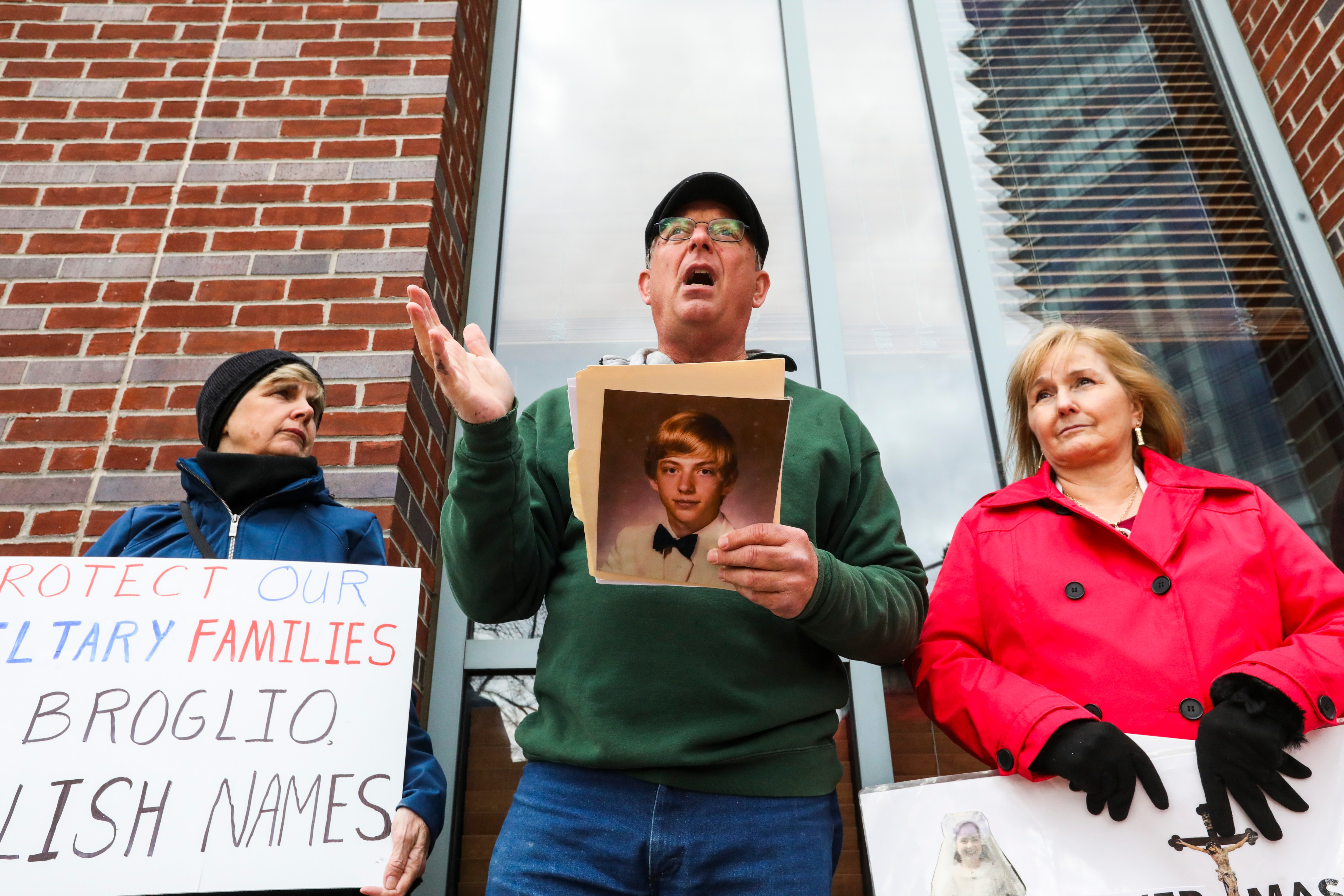 David Lorenz, center, who leads the Maryland chapter of Survivors Network of those Abused by Priests, joins others in a 2022 press conference outside the U.S. Conference of Catholic Bishops gathering in Baltimore.