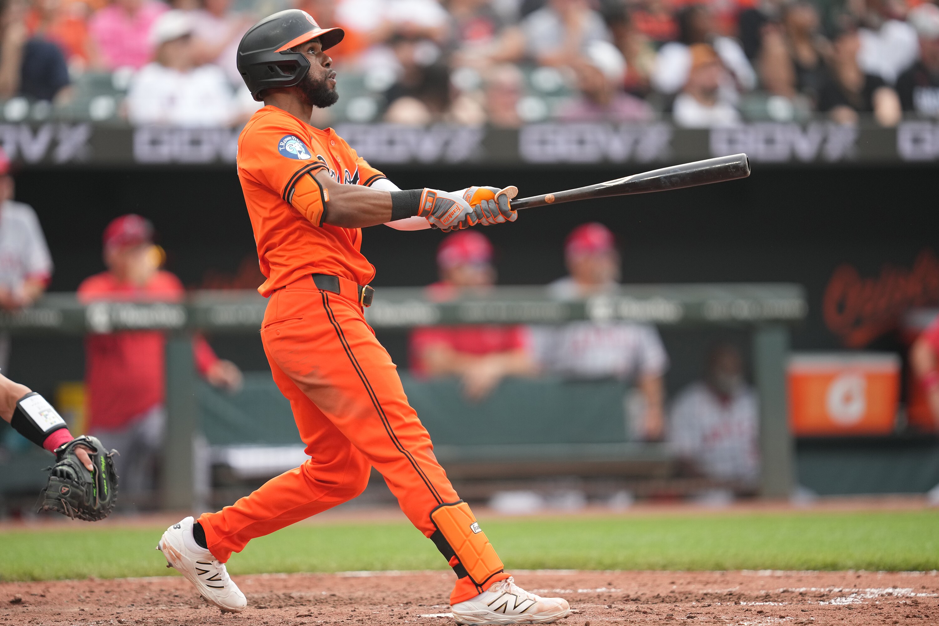 Cedric Mullins hits the go-ahead two-run homer in the sixth inning of the Orioles’ 6-5 win over the Los Angeles Angels on Saturday at Camden Yards.