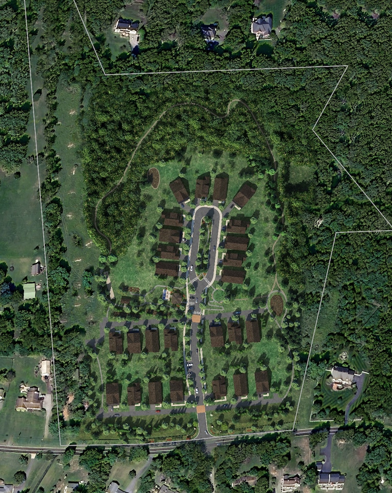 A rendering of the proposed development project shows several of the residential homes sitting in a horseshoe shape, with the remaining ones side by side.