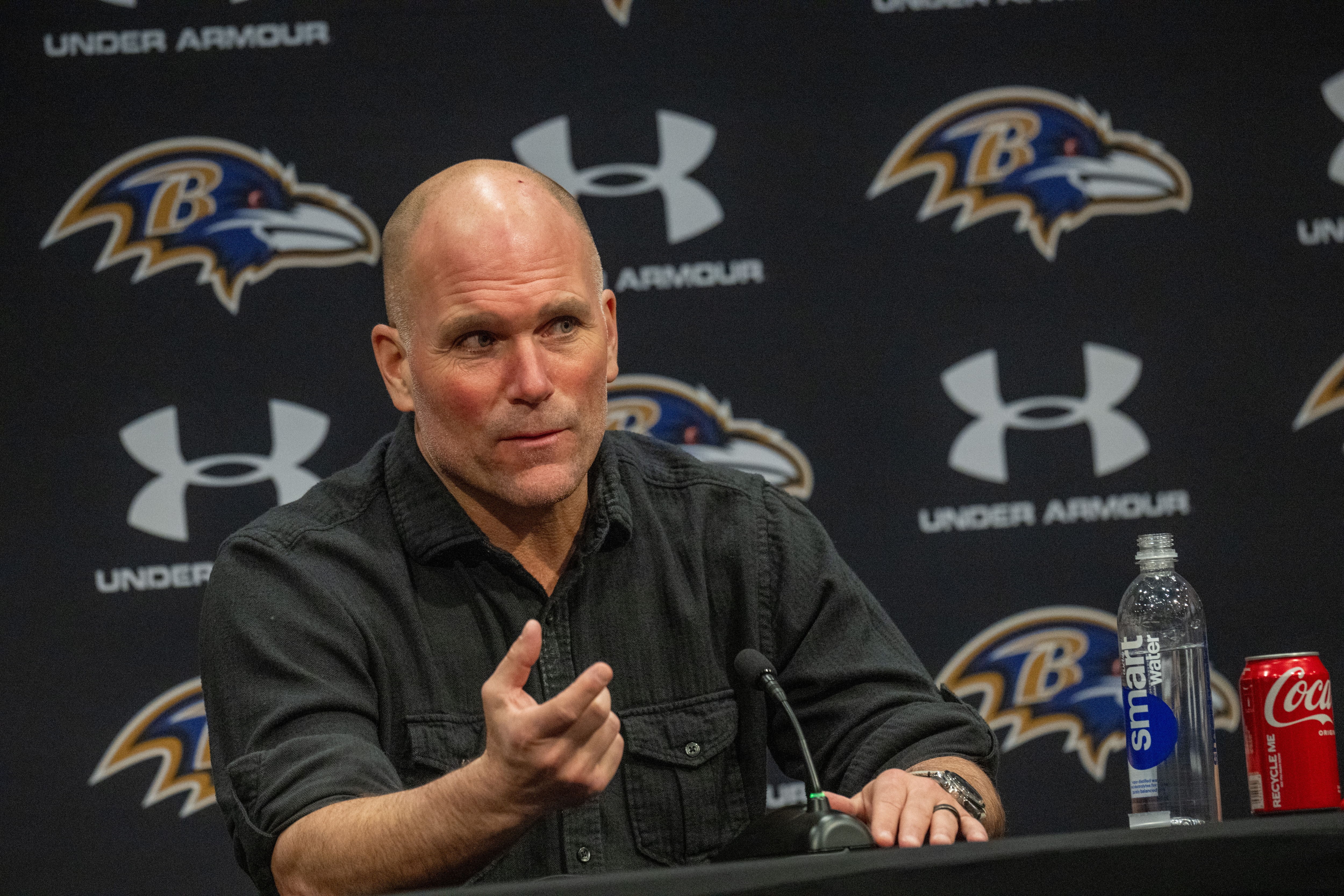 Ravens general manager Eric DeCosta speaks during the press conference introducing outside linebacker Trey Hendrickson on March 13.