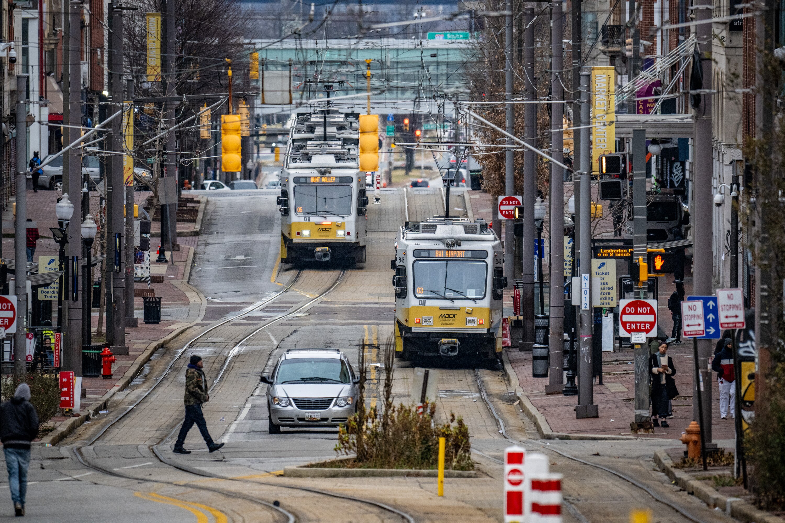 MTA light rail trains traverse the Howard Street corridor in downtown Baltimore.