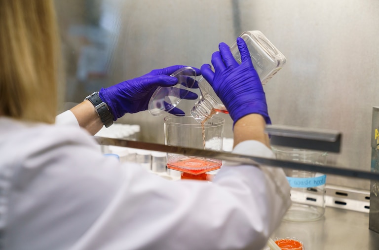 Karen Sfanos performs cell culture media in her lab at the David H. Koch Cancer Research Center of Johns Hopkins University on June 25, 2025.
