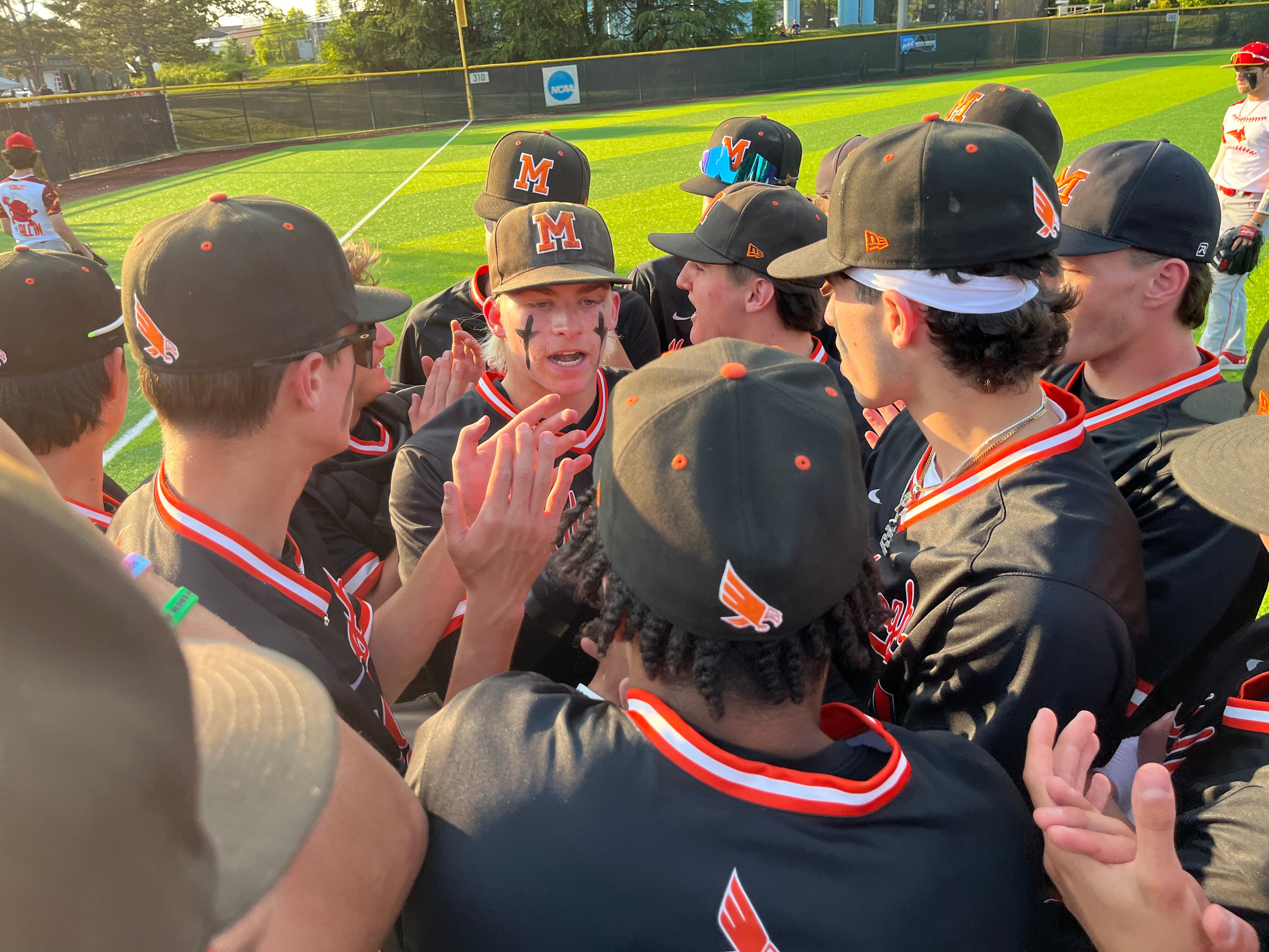 McDonogh's baseball team gathers after Sunday's victory over Gerstell Academy in the MIAA B Conference Tournament finals. The Eagles forced a decisive final game Monday afternoon with a 5-1 decision at Joe Cannon Stadium in Anne Arundel County.