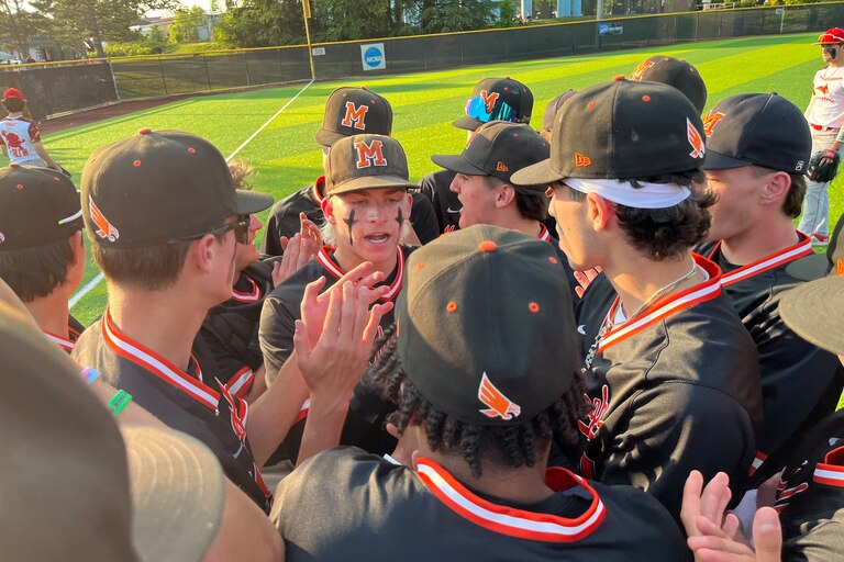 McDonogh's baseball team gathers after Sunday's victory over Gerstell Academy in the MIAA B Conference Tournament finals. The Eagles forced a decisive final game Monday afternoon with a 5-1 decision at Joe Cannon Stadium in Anne Arundel County.