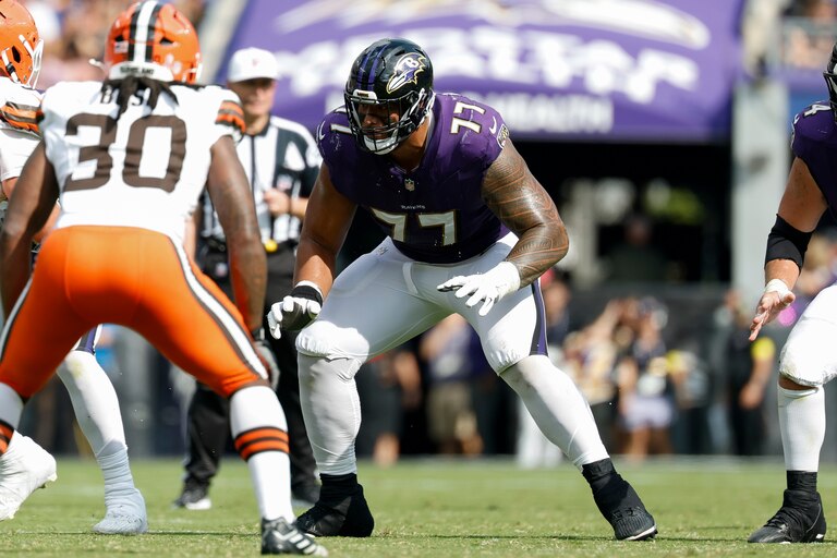 Ravens guard Daniel Faalele gets ready to block during the second half of last Sunday's game against the Cleveland Browns.