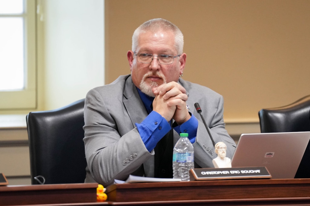 Del. Christopher Eric Bouchat listens to testimony during a House Judiciary Committee hearing at the House Office Building in Annapolis, Md., on Wednesday, February 18, 2026.