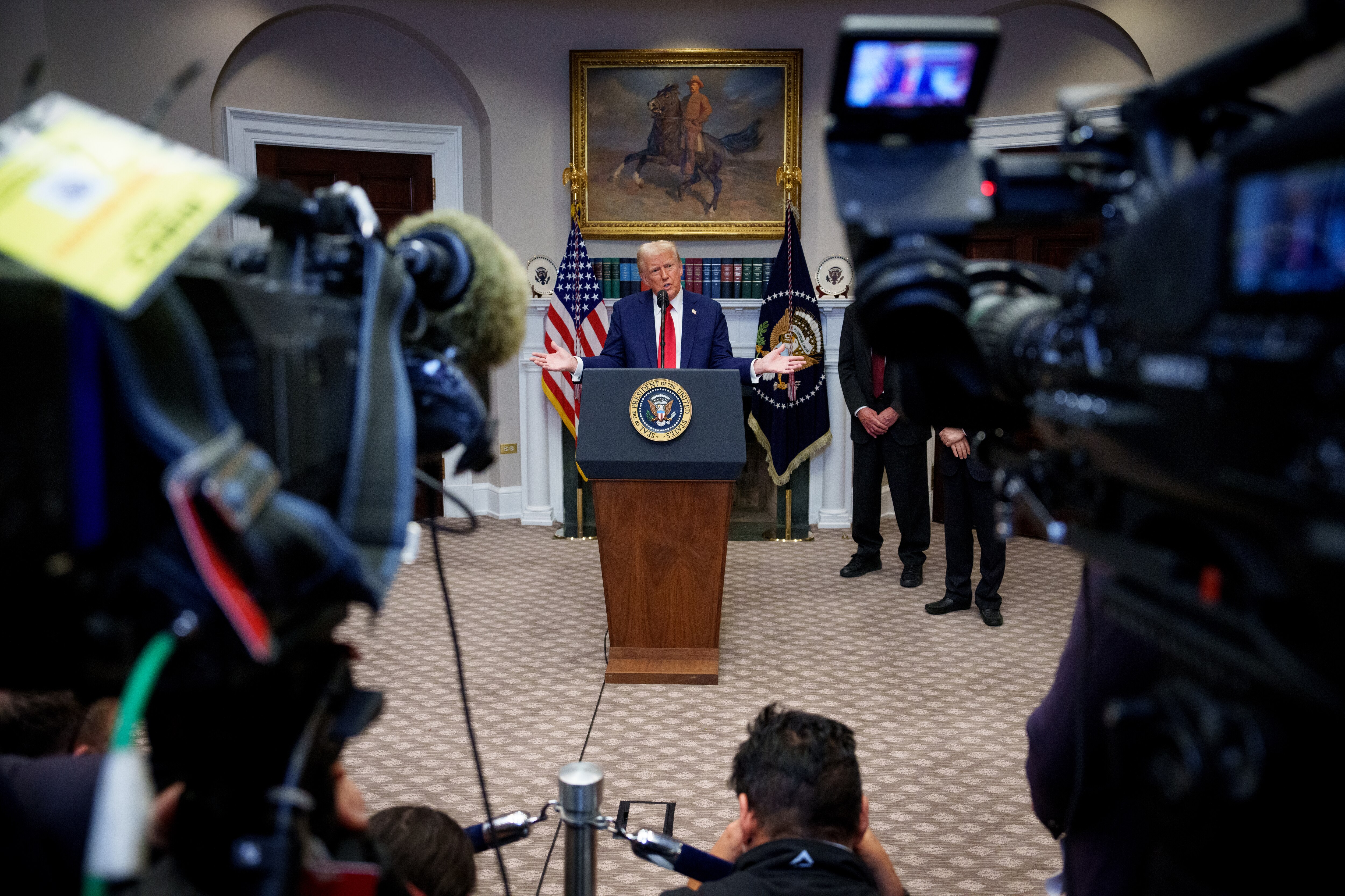 WASHINGTON, DC - JANUARY 21: U.S. President Donald Trump speaks during a news conference in the Roosevelt Room of the White House on January 21, 2025 in Washington, DC. Trump announced an investment in artificial intelligence (AI) infrastructure and took questions on a range of topics including his presidential pardons of Jan. 6 defendants, the war in Ukraine, cryptocurrencies and other topics.
