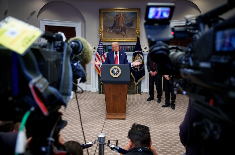 WASHINGTON, DC - JANUARY 21: U.S. President Donald Trump speaks during a news conference in the Roosevelt Room of the White House on January 21, 2025 in Washington, DC. Trump announced an investment in artificial intelligence (AI) infrastructure and took questions on a range of topics including his presidential pardons of Jan. 6 defendants, the war in Ukraine, cryptocurrencies and other topics.