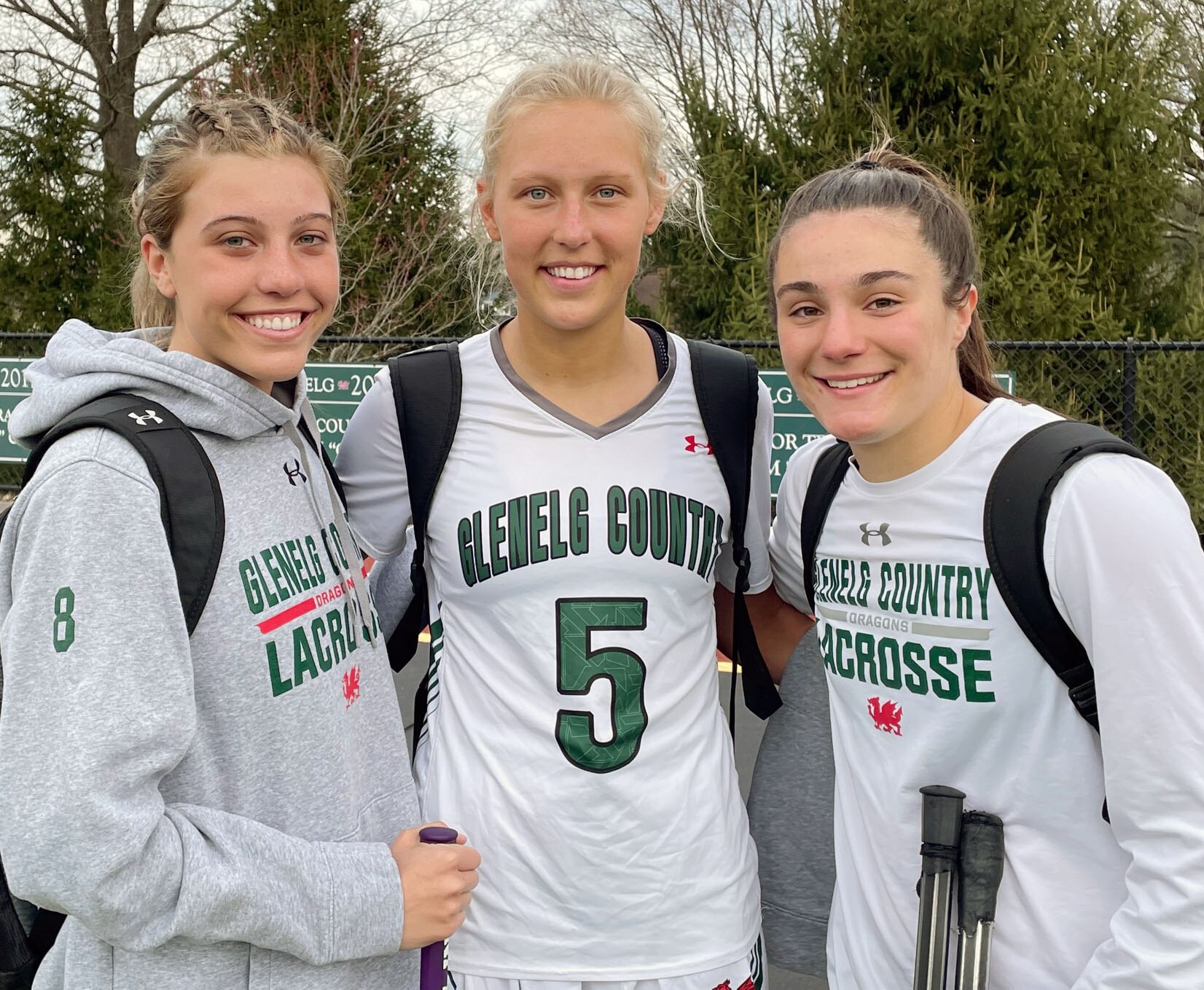 Attacker Regan Byrne (left) scored seven goals while defender Ashley Dyer (5) and goalie Natalie Eastwood led a stellar defensive effort in Glenelg Country School’s 15-5 lacrosse win over Notre Dame Prep Tuesday. Eastwood, a first-year starter, made a few spectacular saves to set the tone early as the Dragons rolled to a 6-0 lead, including three goals from Byrne.